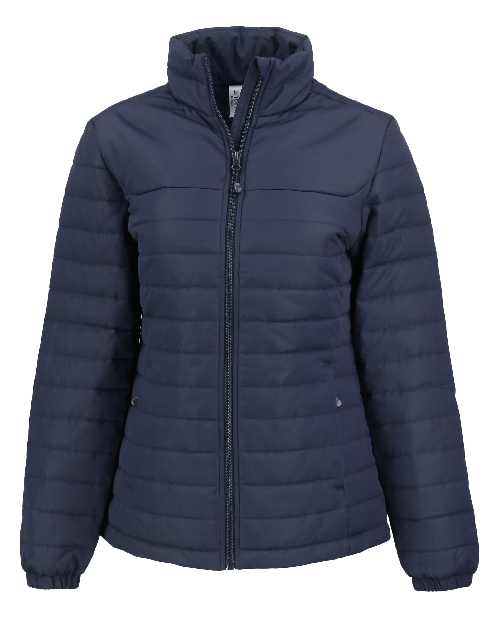 A navy blue eco puffer jacket with a zip front and high collar, featuring a logo on the left side.