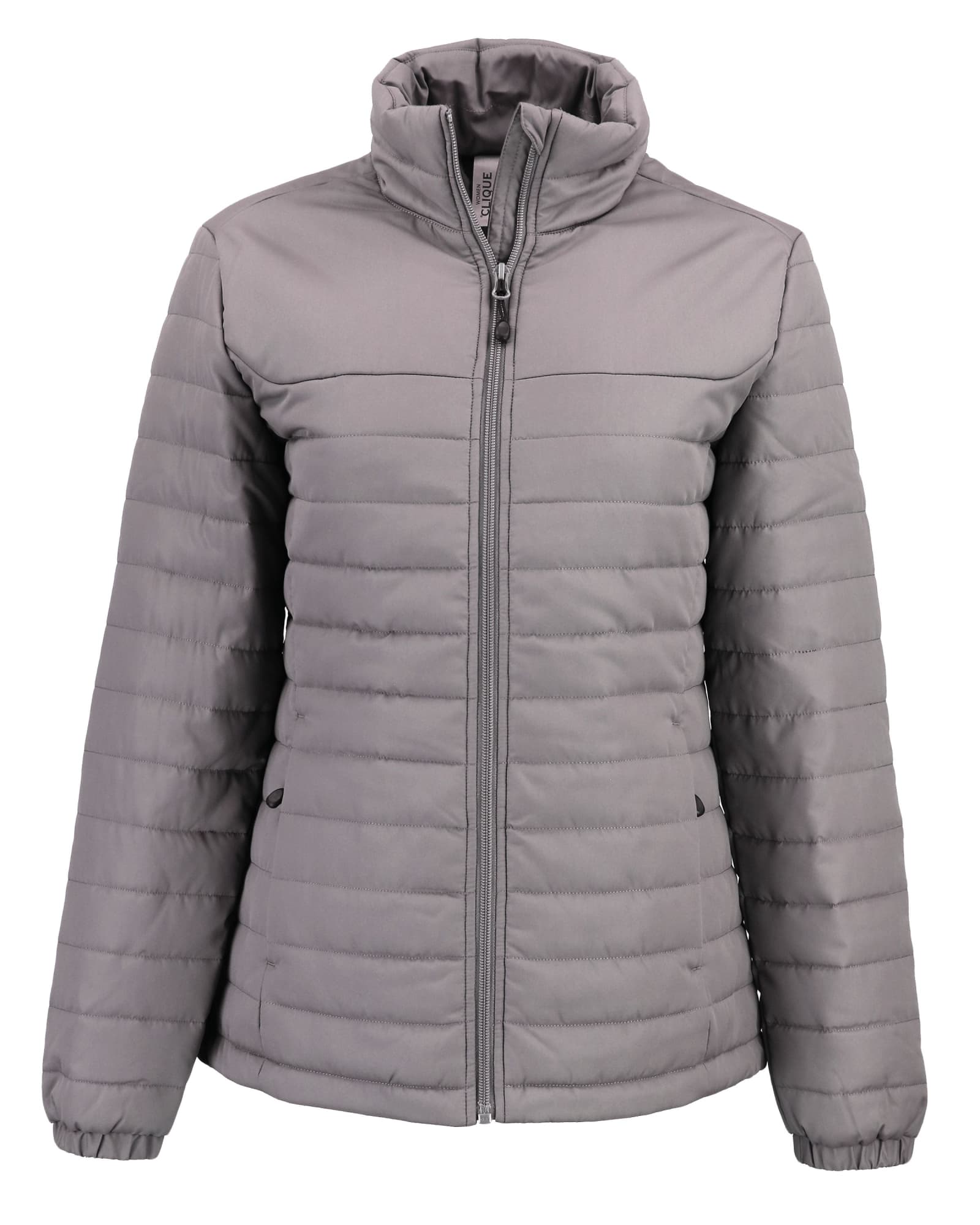 A grey puffer jacket with a zip front and high collar, featuring a logo and side pockets.