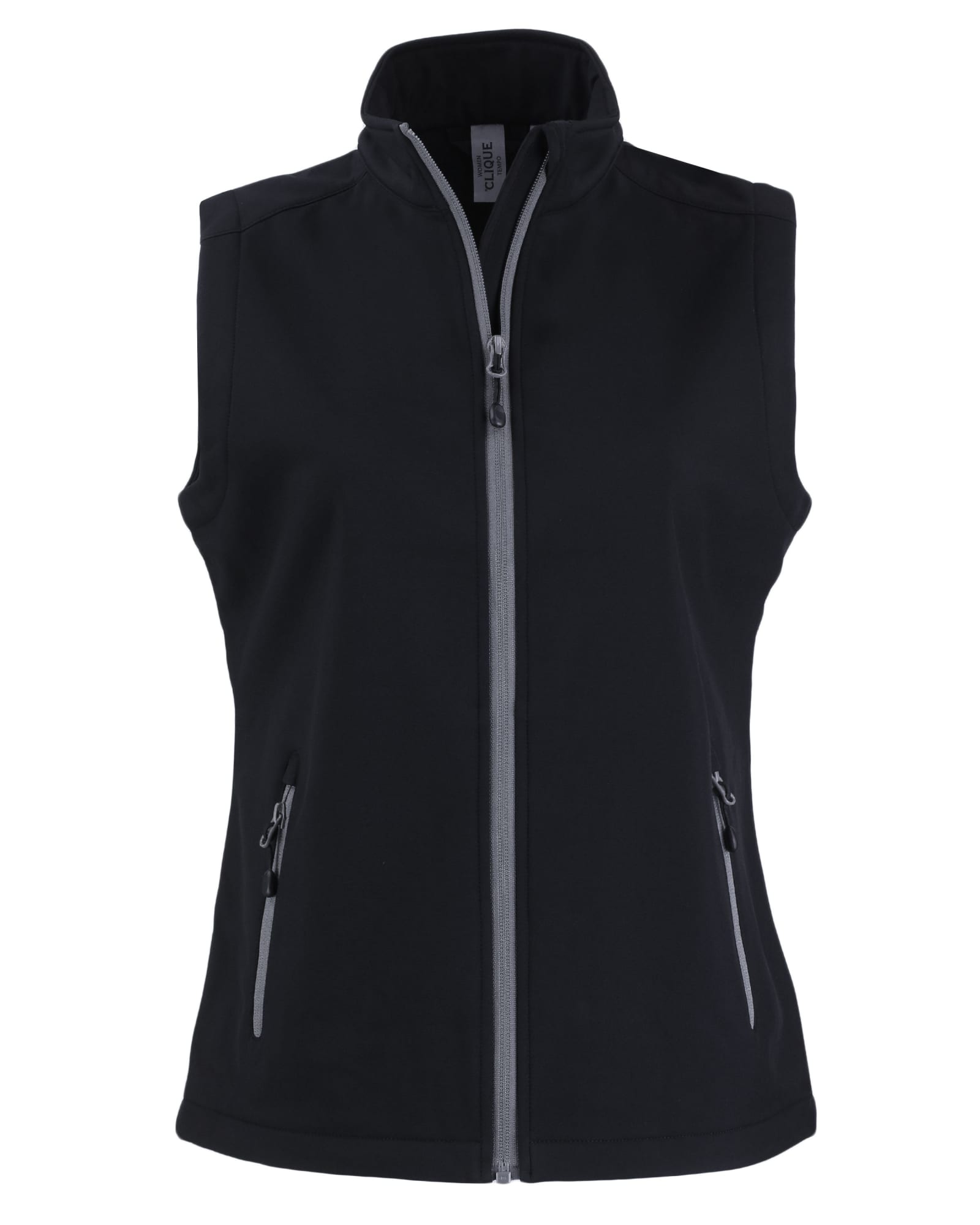 A black eco stretch vest featuring a zip front and two side pockets, with a contrasting grey zipper.