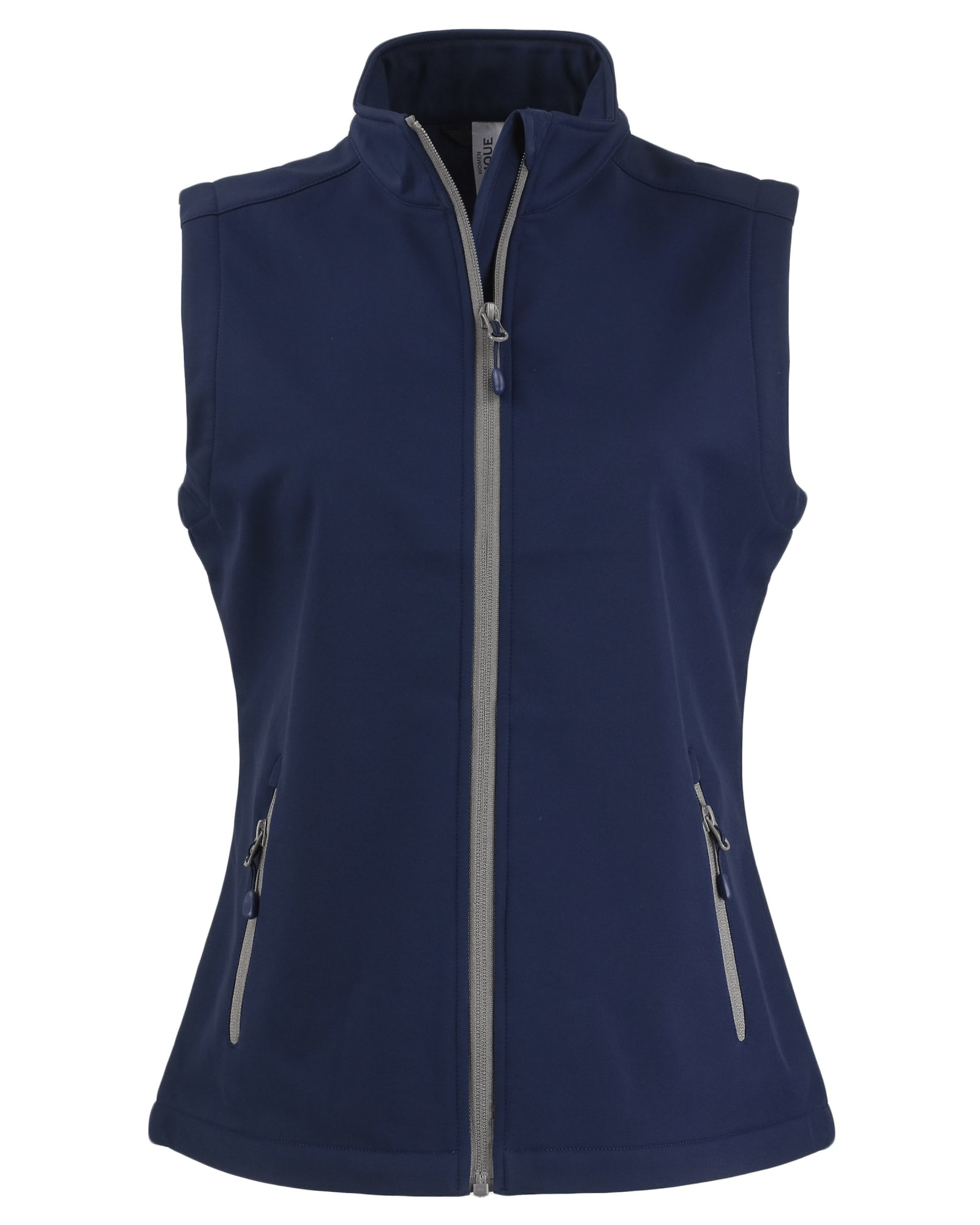 A navy eco stretch vest with a high collar, front zip, and two zippered pockets. It features a logo.