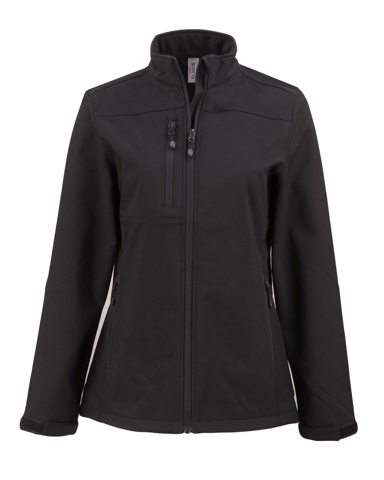 A black ladies' softshell jacket featuring a zippered front and pockets, with a logo on the upper left.
