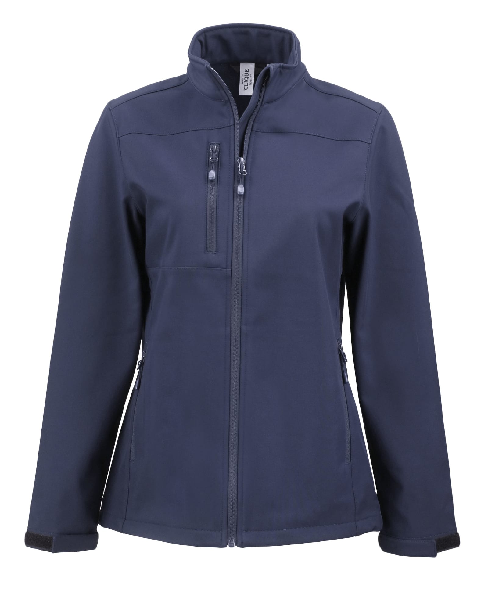 A navy blue ladies' softshell jacket with a zippered front and pockets, featuring a logo on one side.