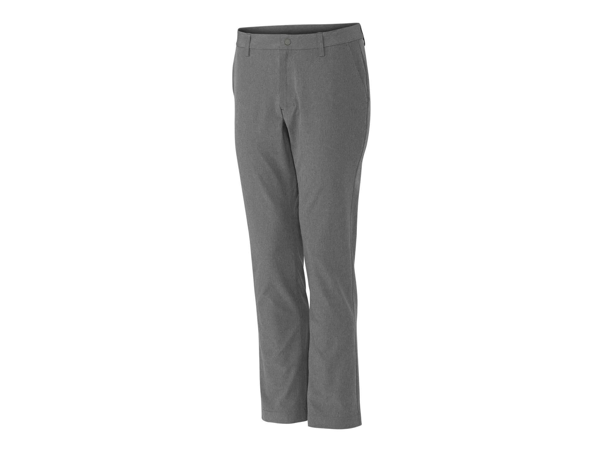 A pair of grey sport pants with a straight leg design and a front pocket. Features a waistband with button closure.