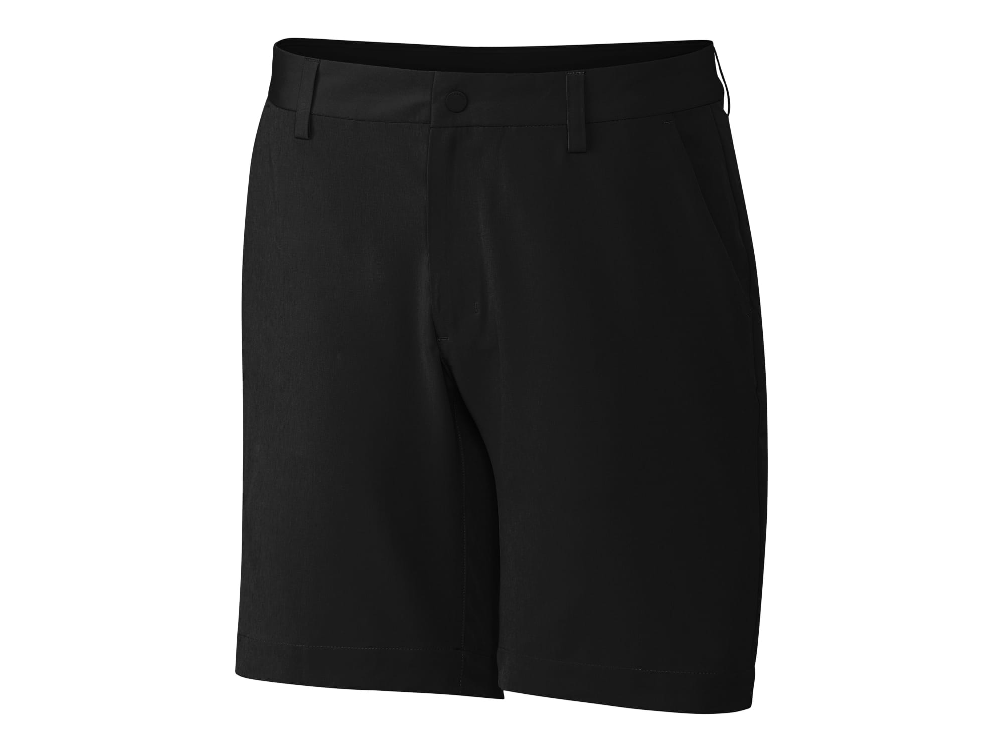 A pair of black sports shorts featuring a classic cut and front pockets, with a logo on the waistband.