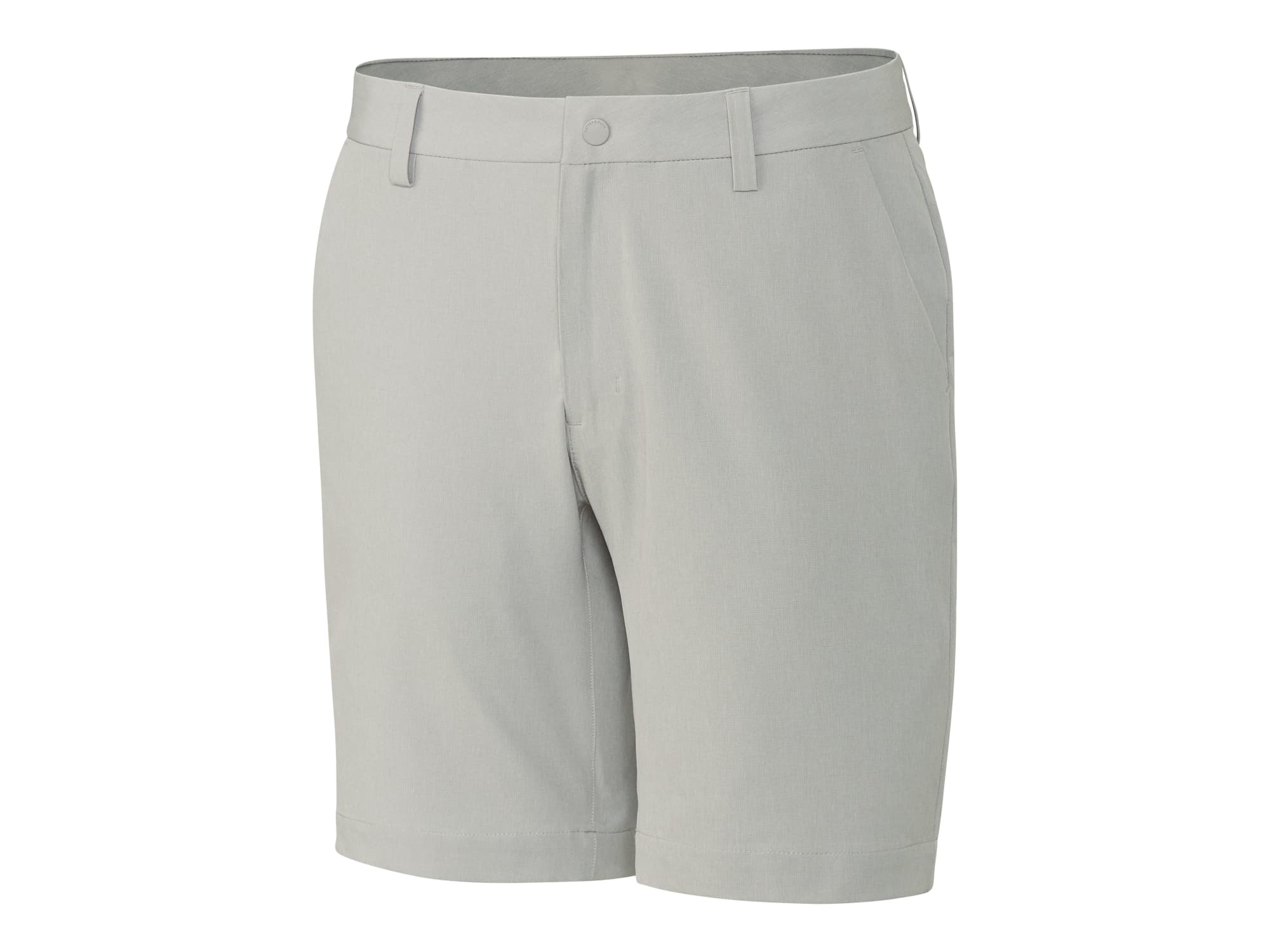 Light grey sports shorts featuring a waistband and pockets, with a logo on one side.