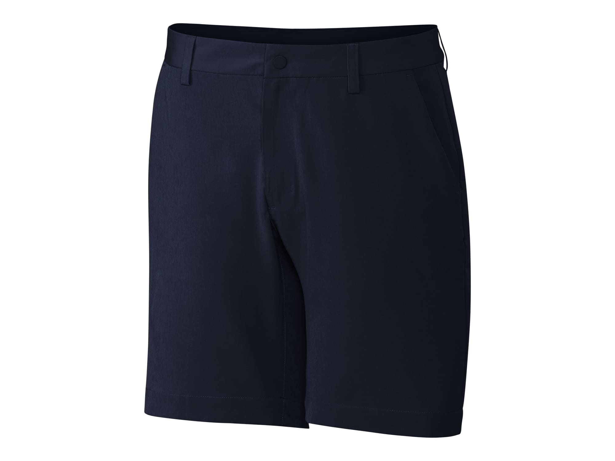 Navy sports shorts with a button closure, featuring pockets and a logo detail on the waistband.