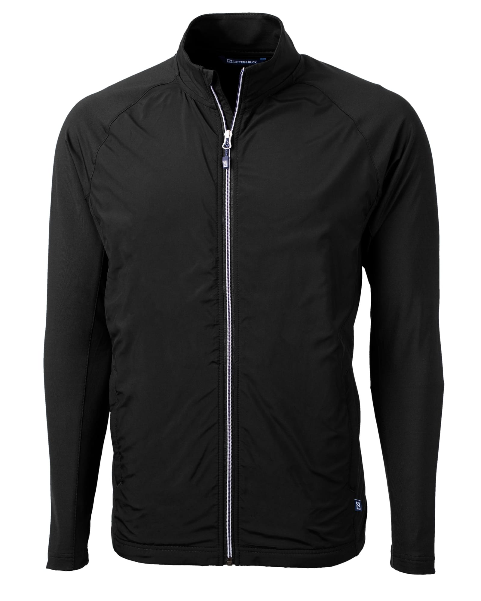 A black full zip jacket with long sleeves and a sleek design, featuring a logo on the front.