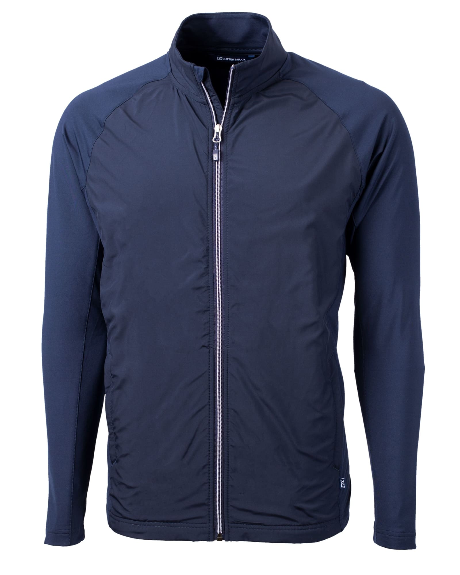A full zip jacket in navy blue with long sleeves and a branding logo on the side.