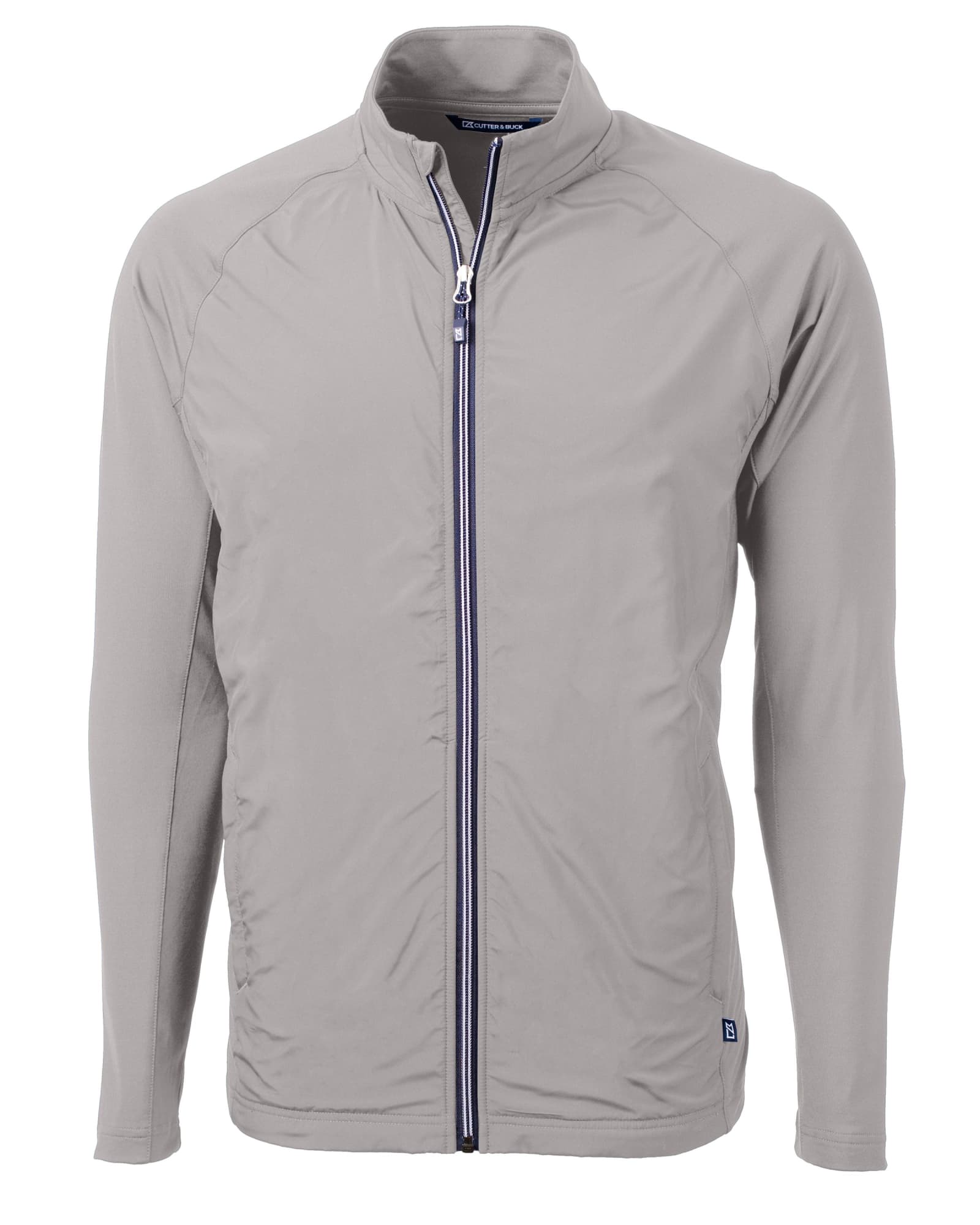 A full zip jacket in grey with long sleeves and a stand-up collar, featuring a logo.