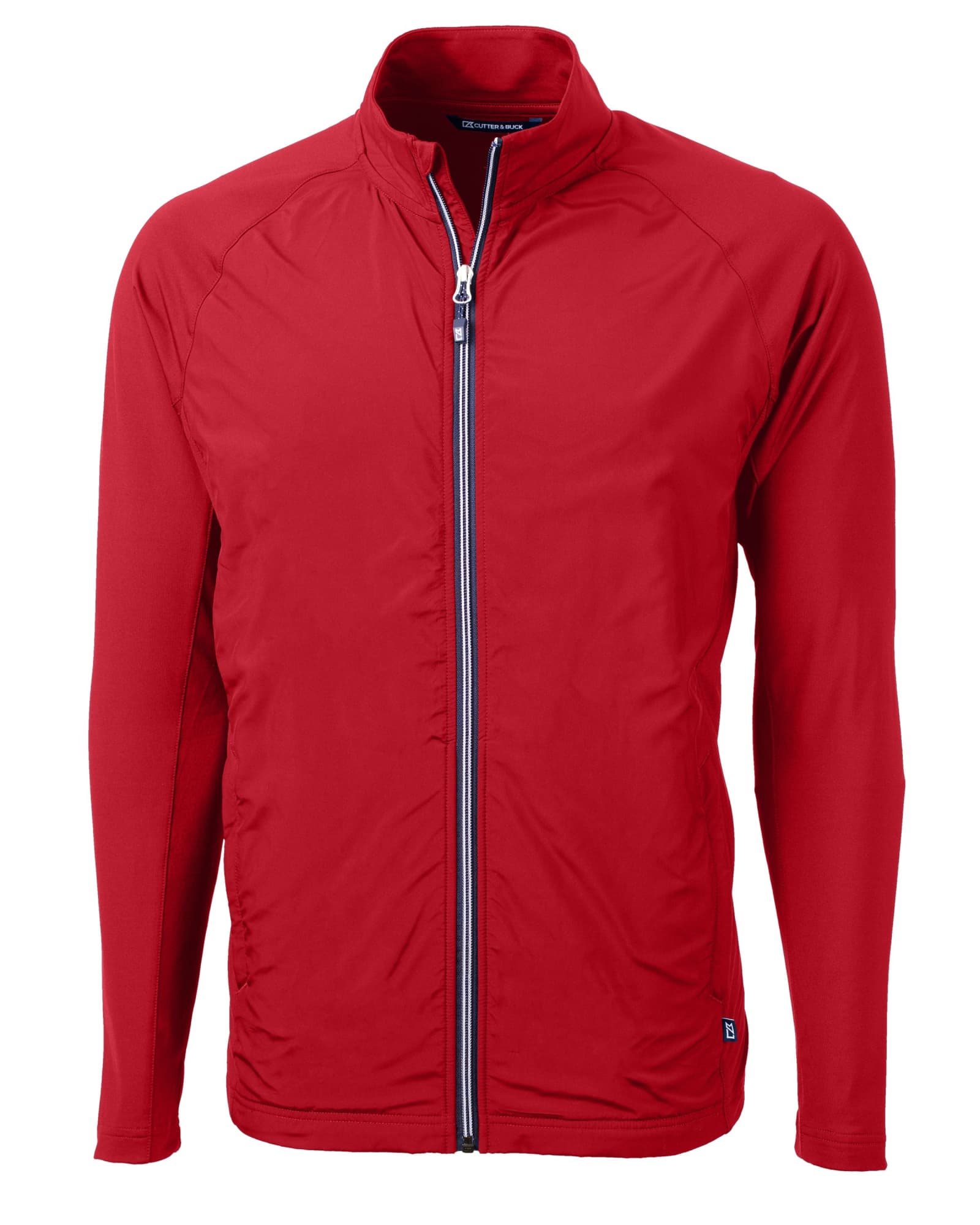 A red full zip jacket with long sleeves, featuring a stand-up collar and a branded logo.