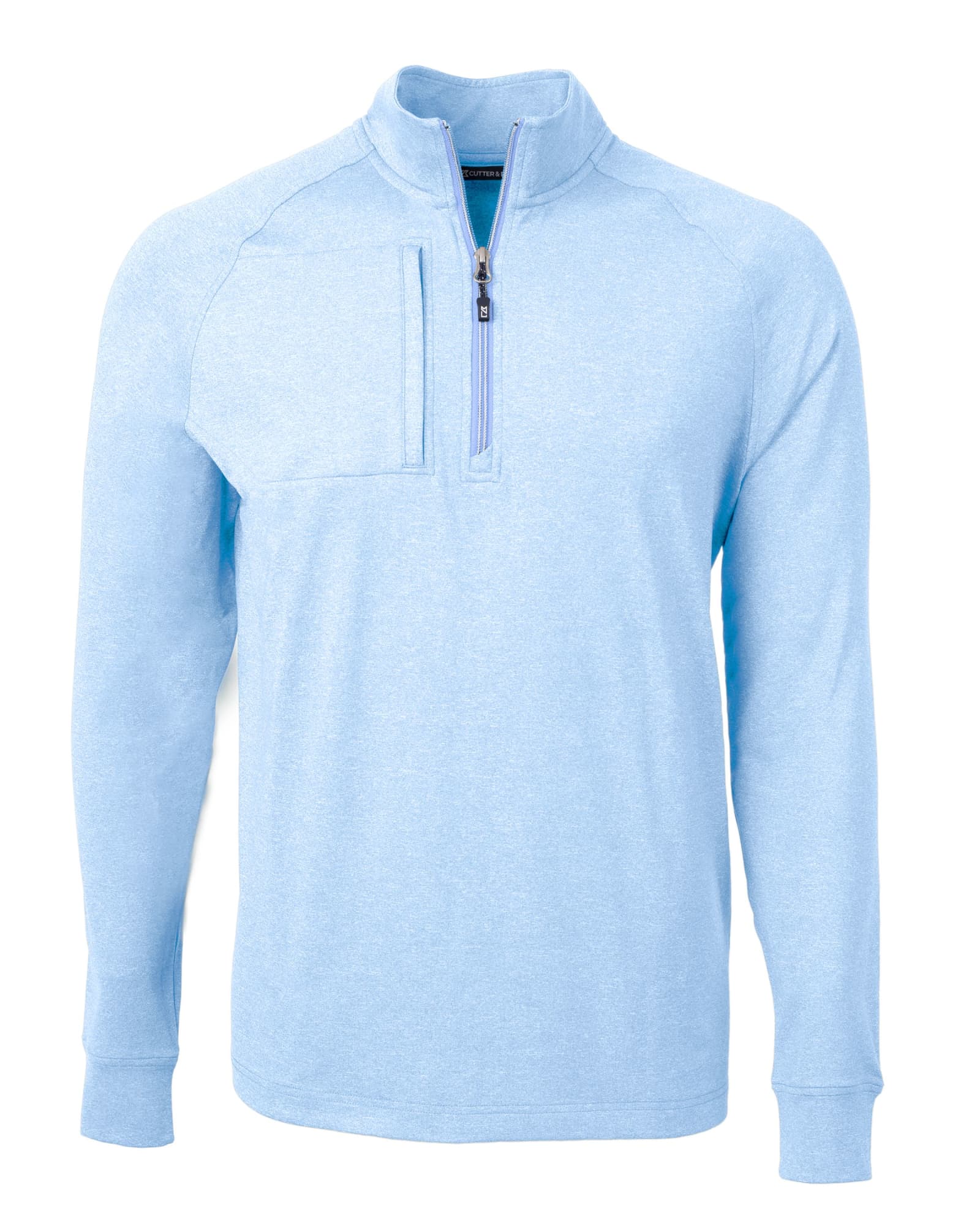 A light blue half-zip jumper featuring a chest pocket and a logo on the front.