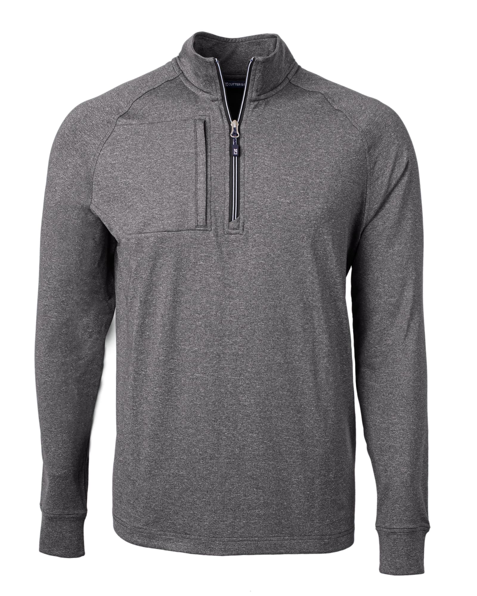 A grey half zip jumper with a chest pocket and a logo. Designed for men's casual wear.
