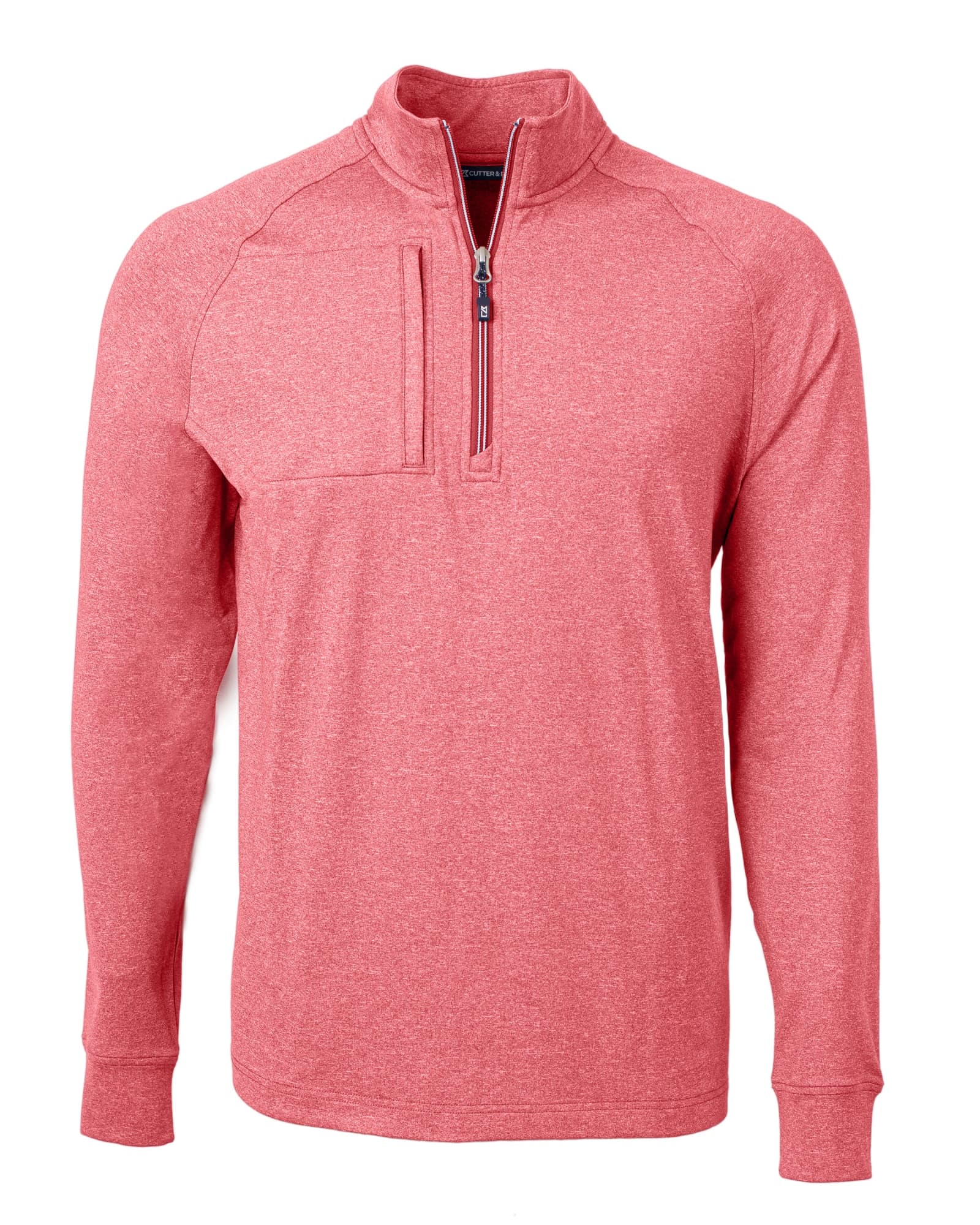 A red half-zip jumper with long sleeves and a chest pocket, featuring a logo on the front.