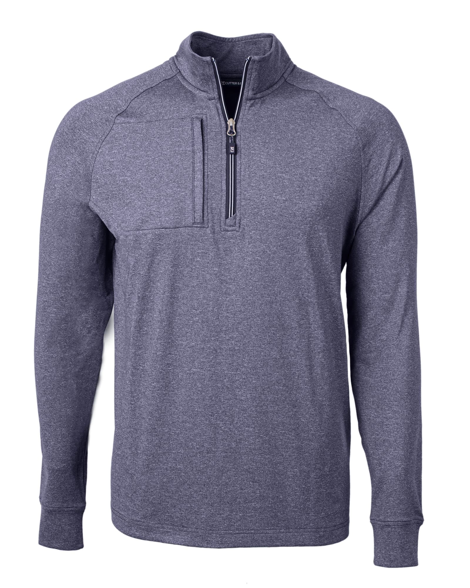 A grey half-zip jumper featuring a chest pocket and long sleeves, designed for men. Includes a logo on it.