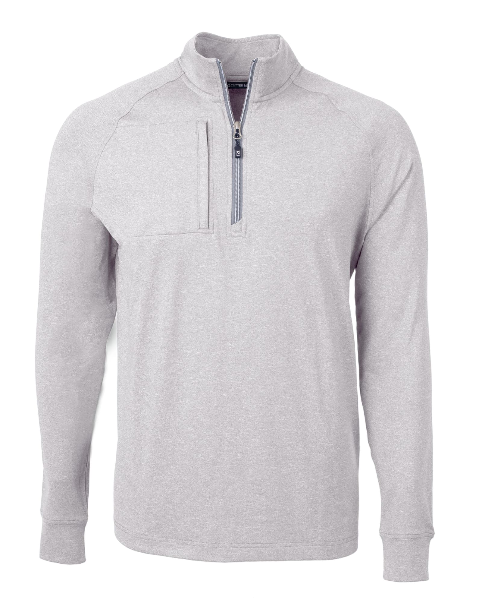 A light grey men's half zip jumper with a chest pocket and a branded logo. Ideal for casual wear.
