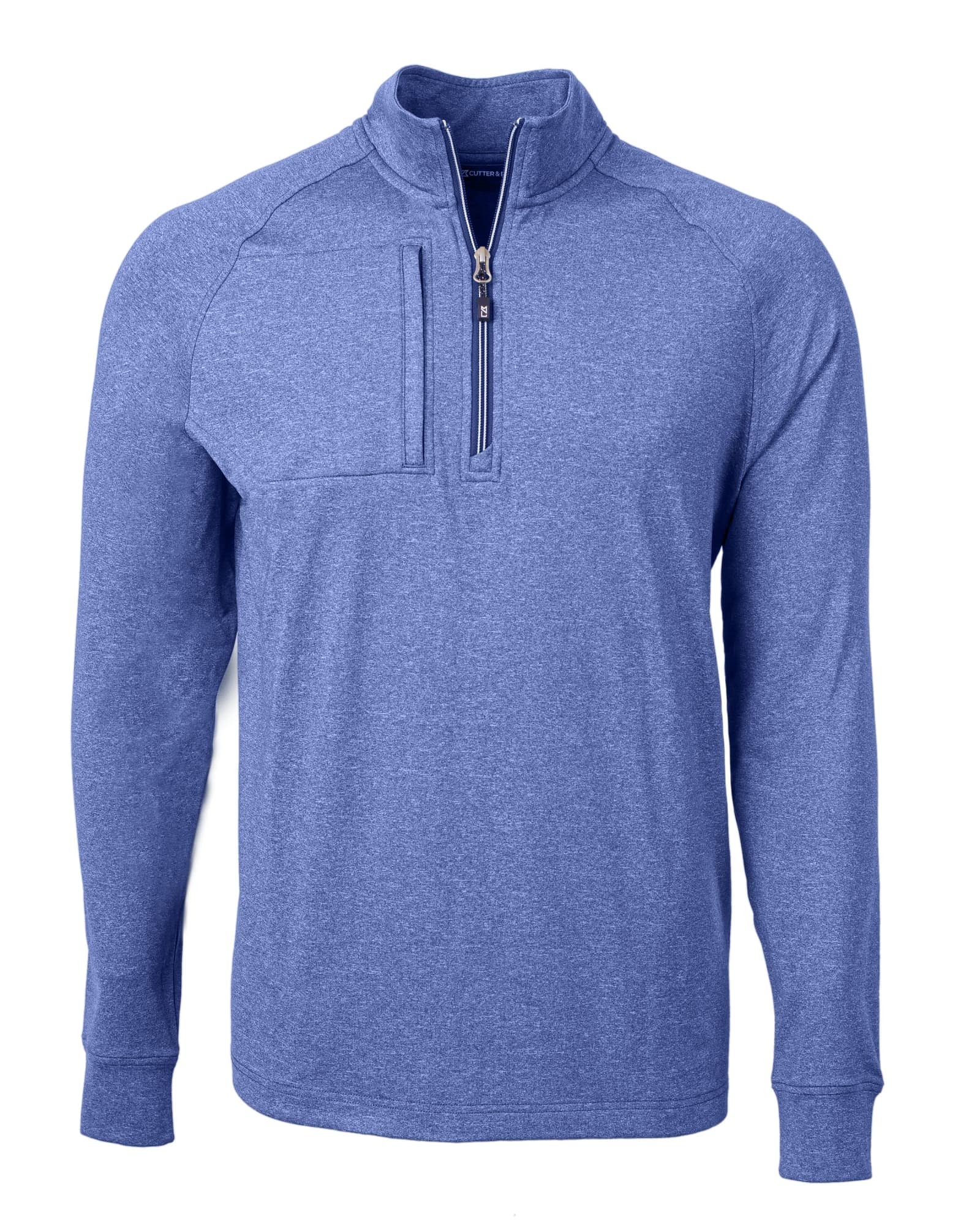 A blue half-zip jumper featuring a front pocket and a logo on the chest. Suitable for men's wear.