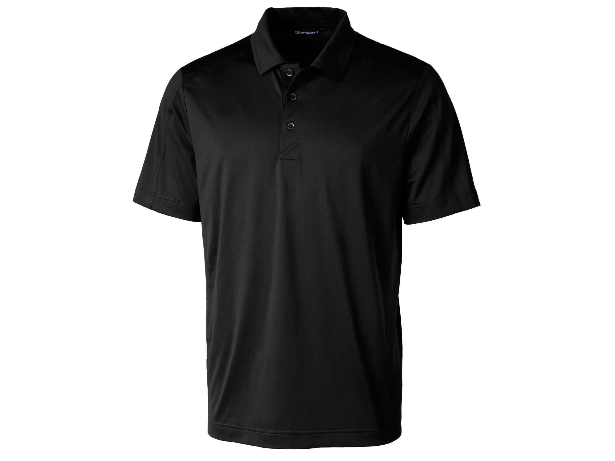 A black polo shirt with a collar, short sleeves, and a logo on the chest.