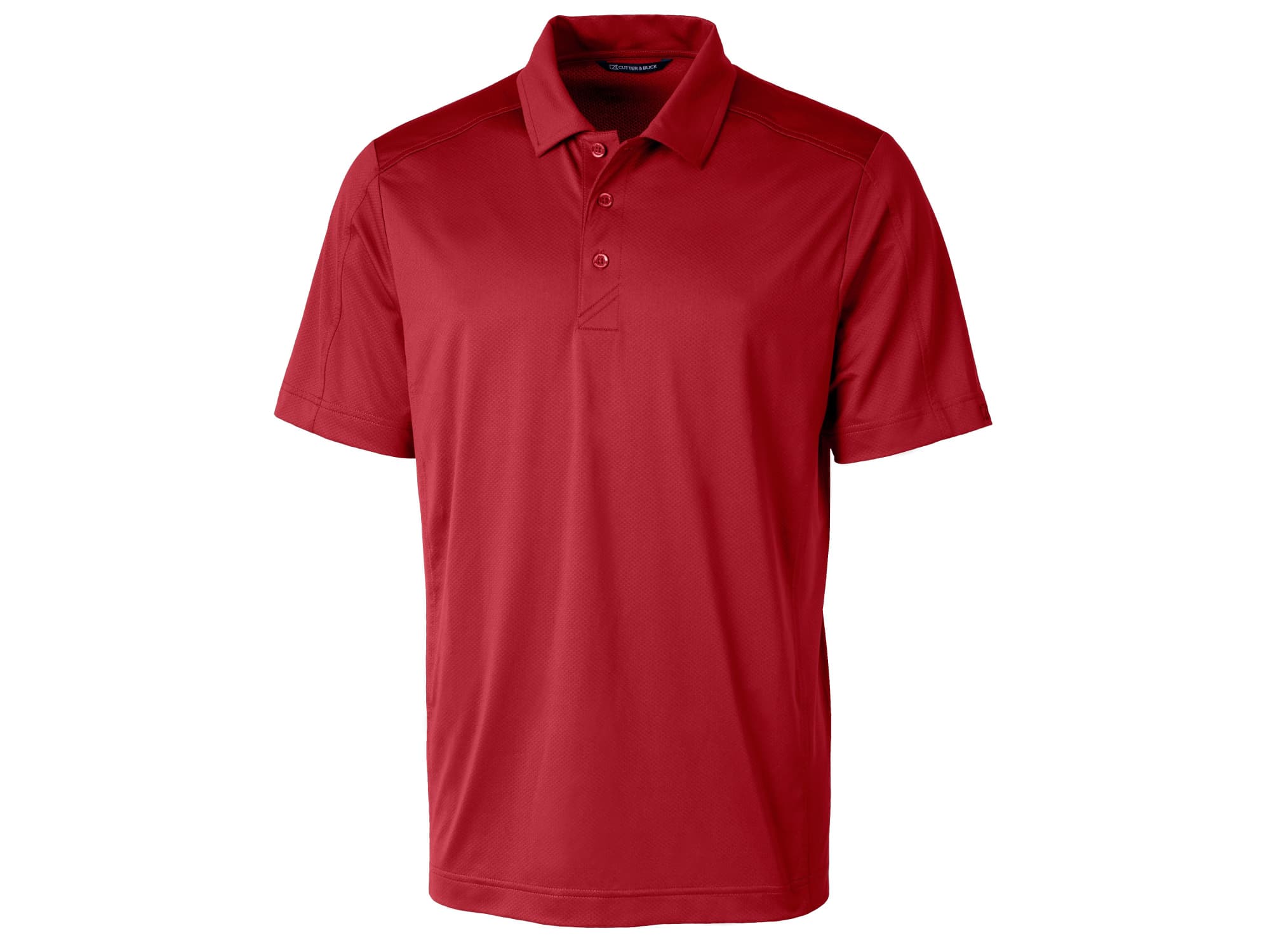 A red polo shirt with a collar and short sleeves, featuring a logo on the chest.