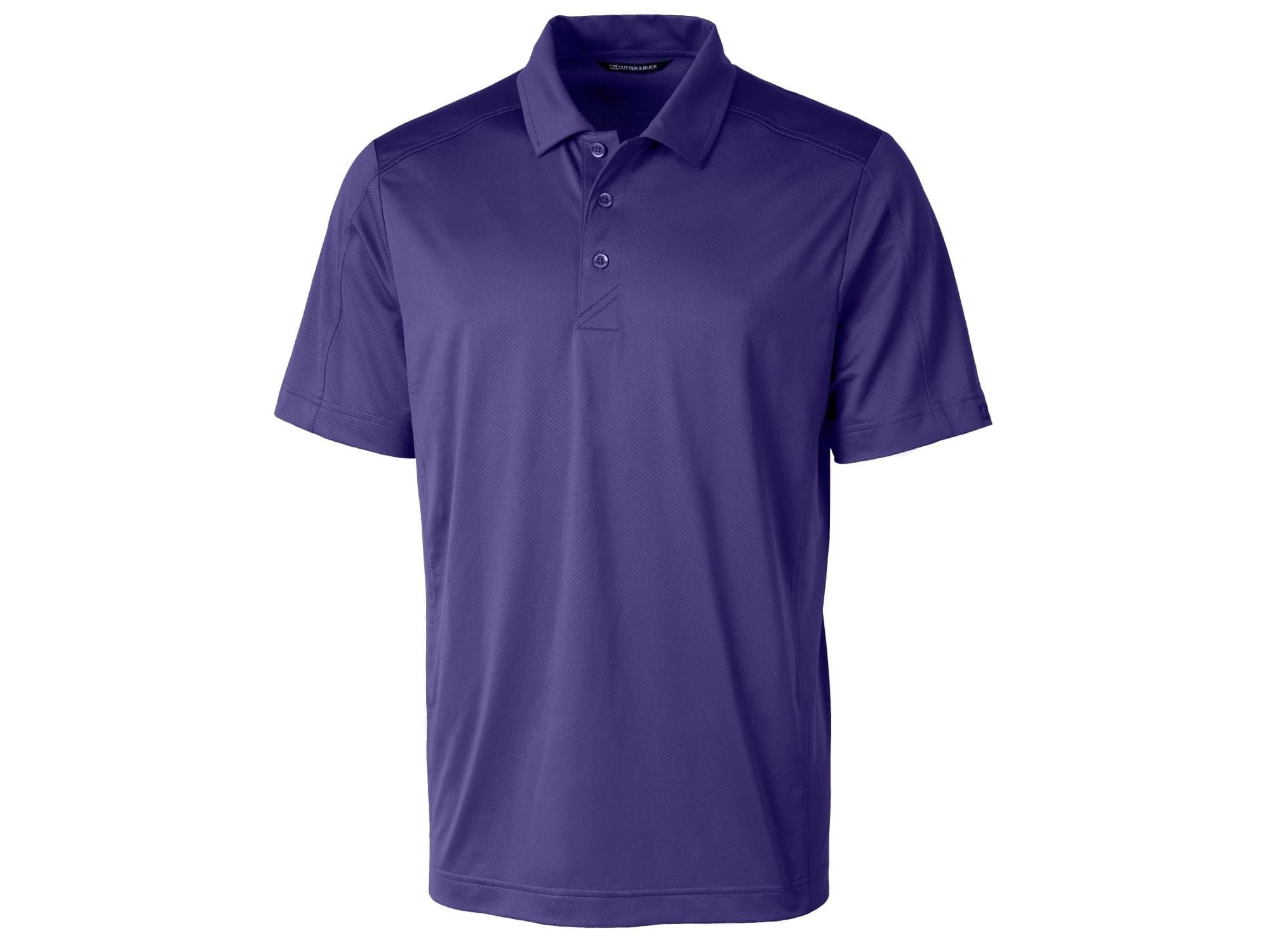 A purple polo shirt featuring a collar and buttons, designed for men and includes a logo.
