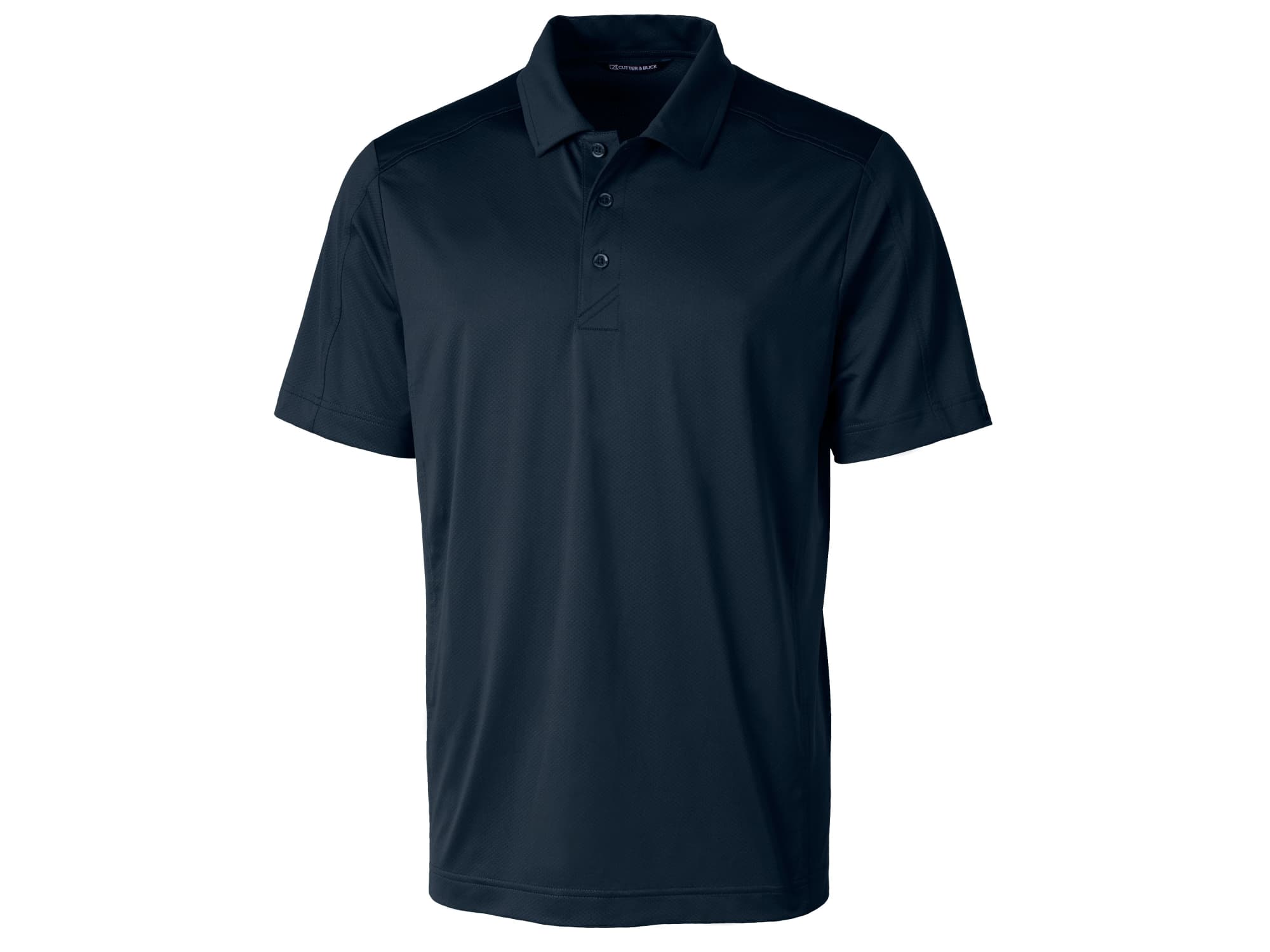 A dark navy polo shirt featuring a collar, buttons, and short sleeves, with a logo on the chest.