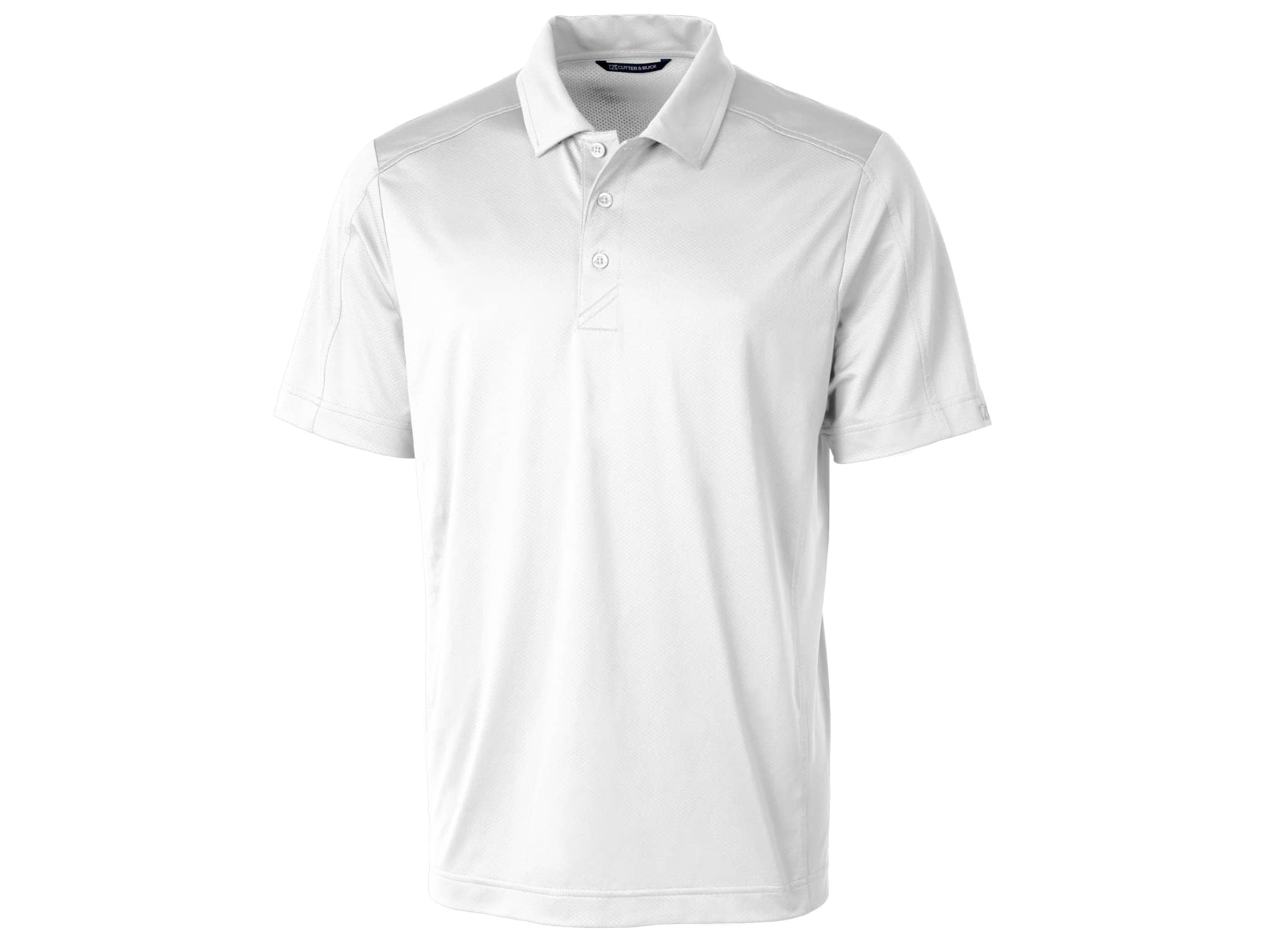 A white polo shirt featuring a collar and three buttons, showcasing a simple design with a logo.