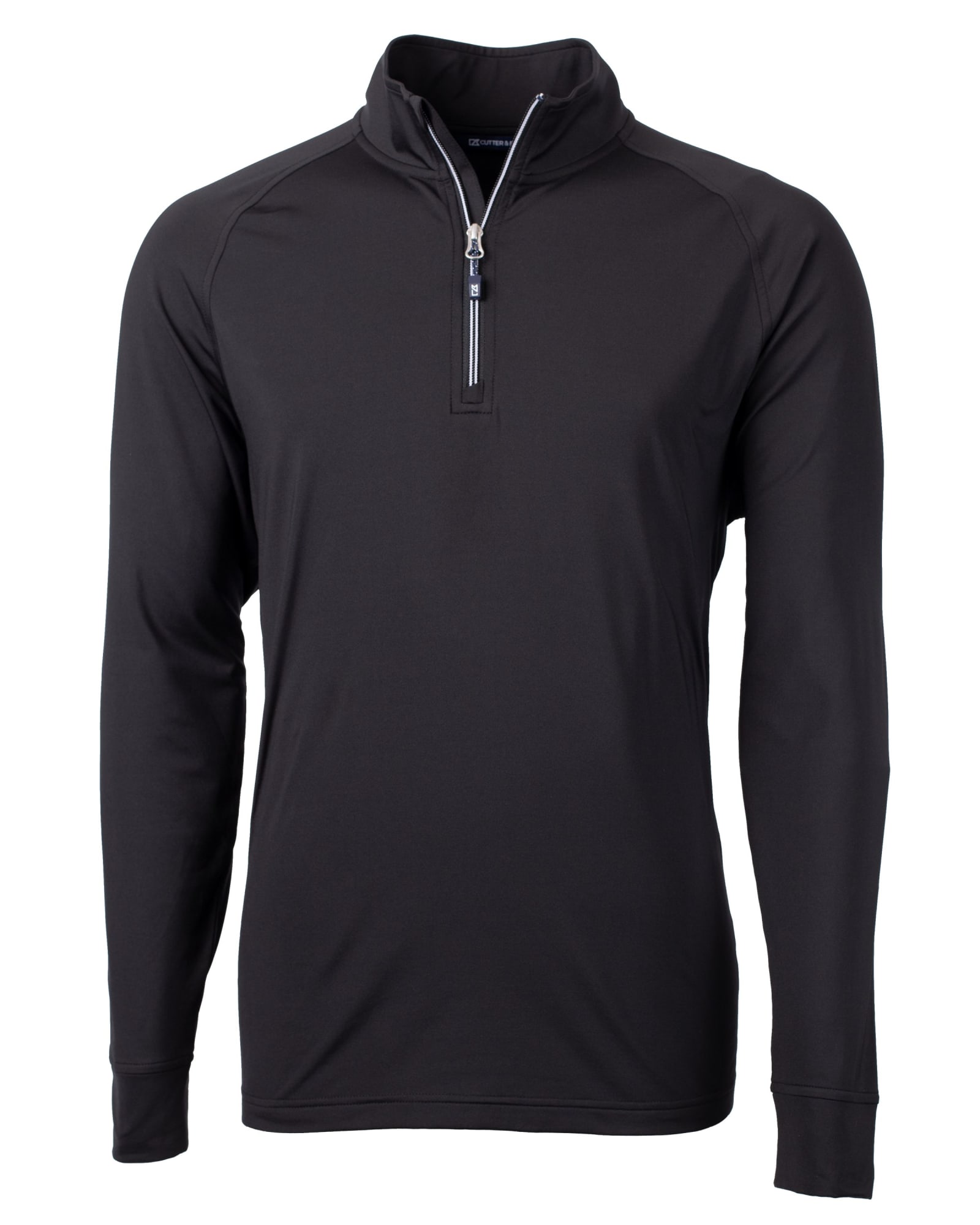 A black long-sleeve half-zip jumper with a stand collar and a zipper at the neck. Features a logo on the chest.