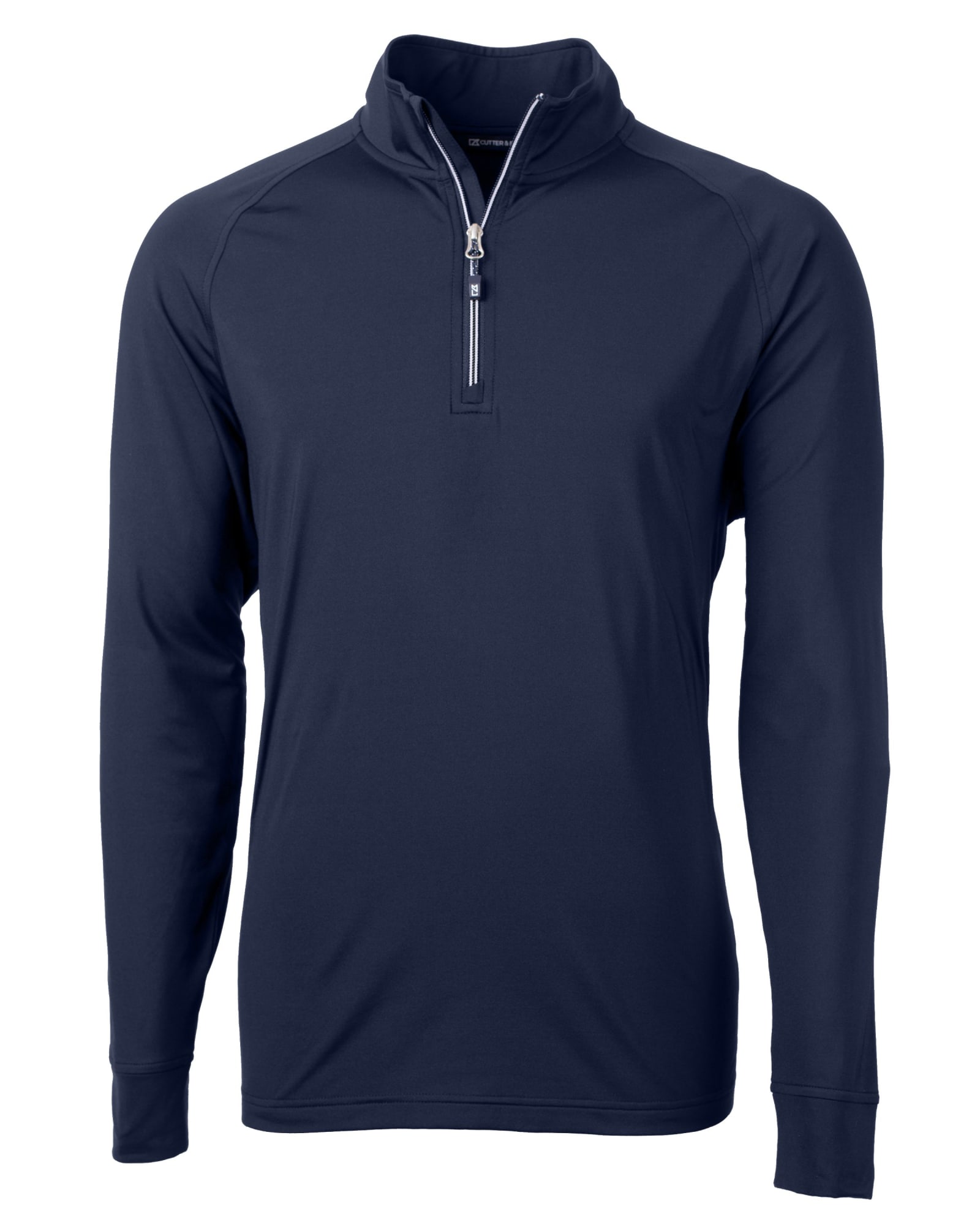 A navy half zip jumper featuring long sleeves and a front zipper. The product includes a logo.