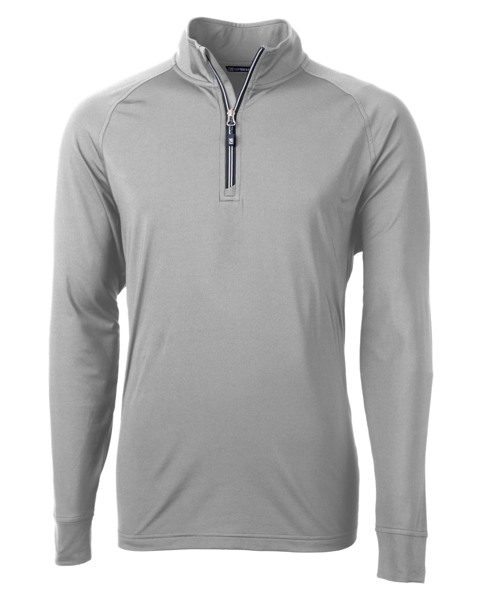 A light grey half-zip jumper with long sleeves, featuring a zippered collar and a discreet logo.
