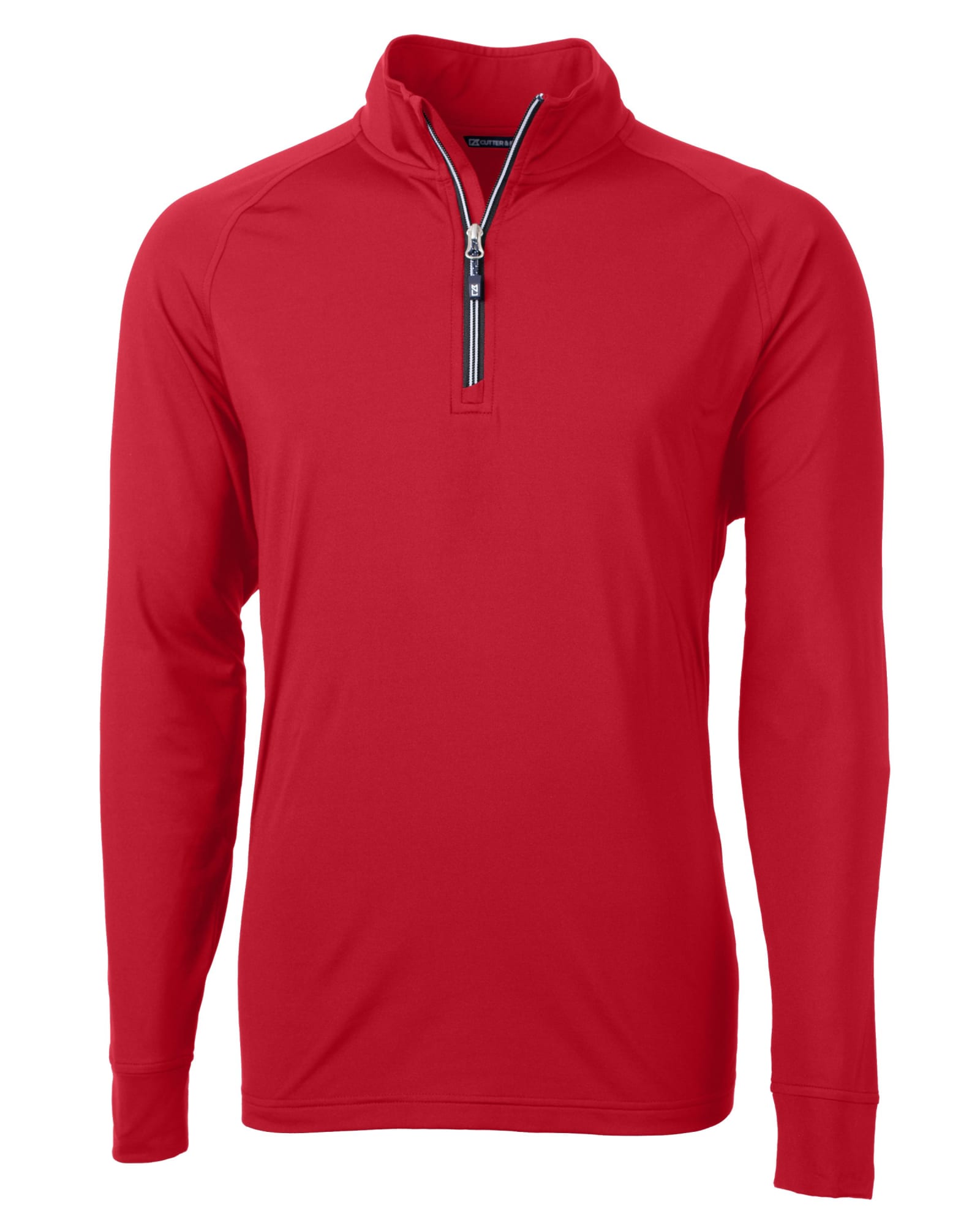 A red half-zip jumper for men with long sleeves and a branding logo.