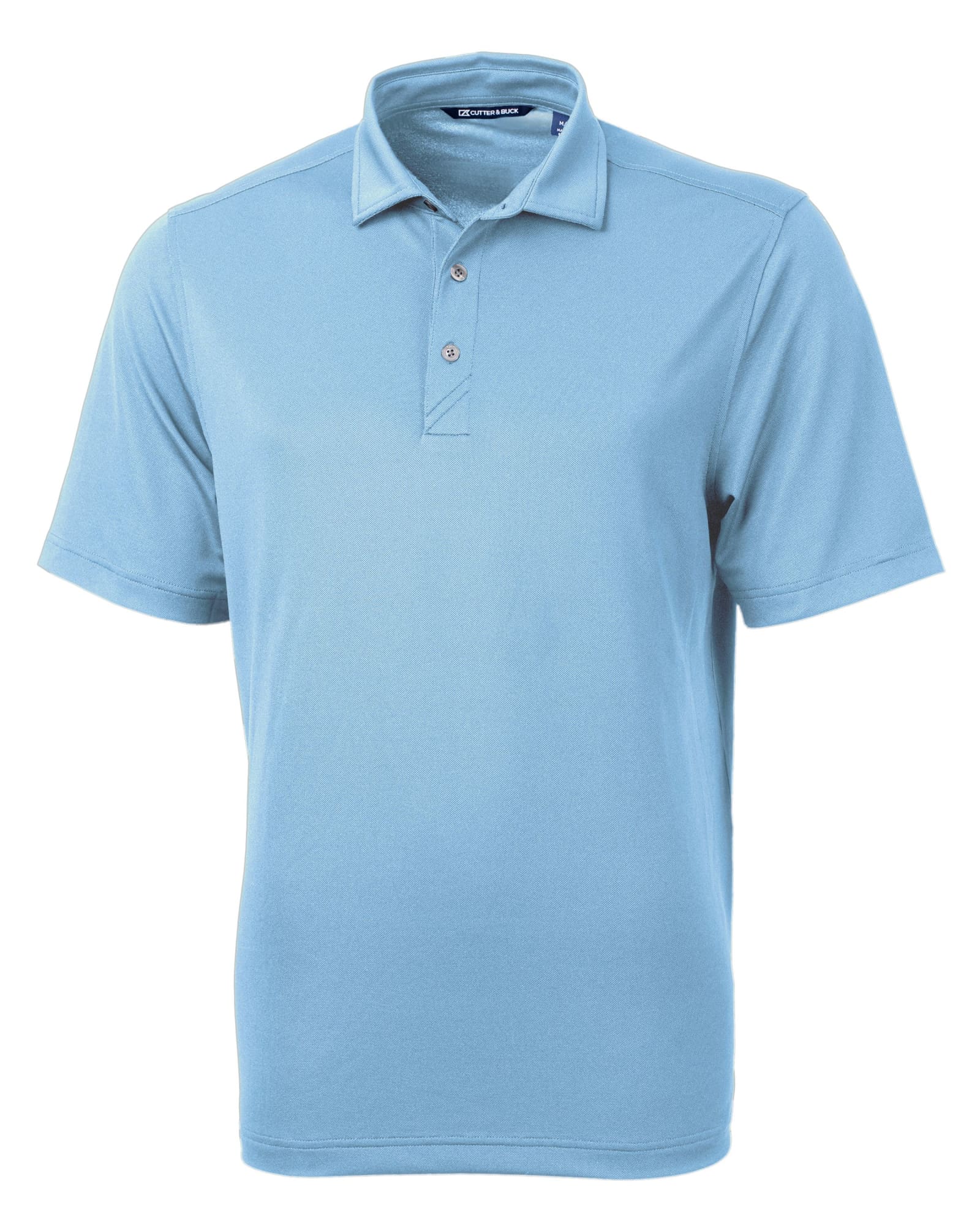 A light blue men's polo shirt with a collar, short sleeves, and a three-button placket. Contains a logo.