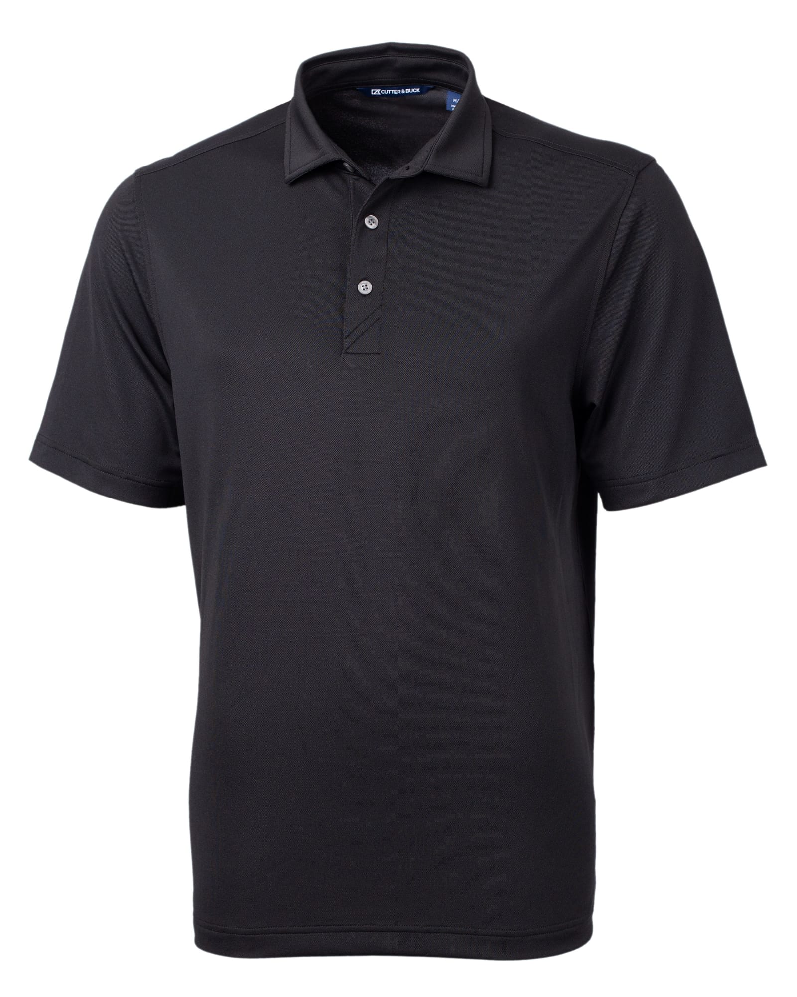 A black men's polo shirt with a three-button placket and a collar, featuring a logo on the chest.