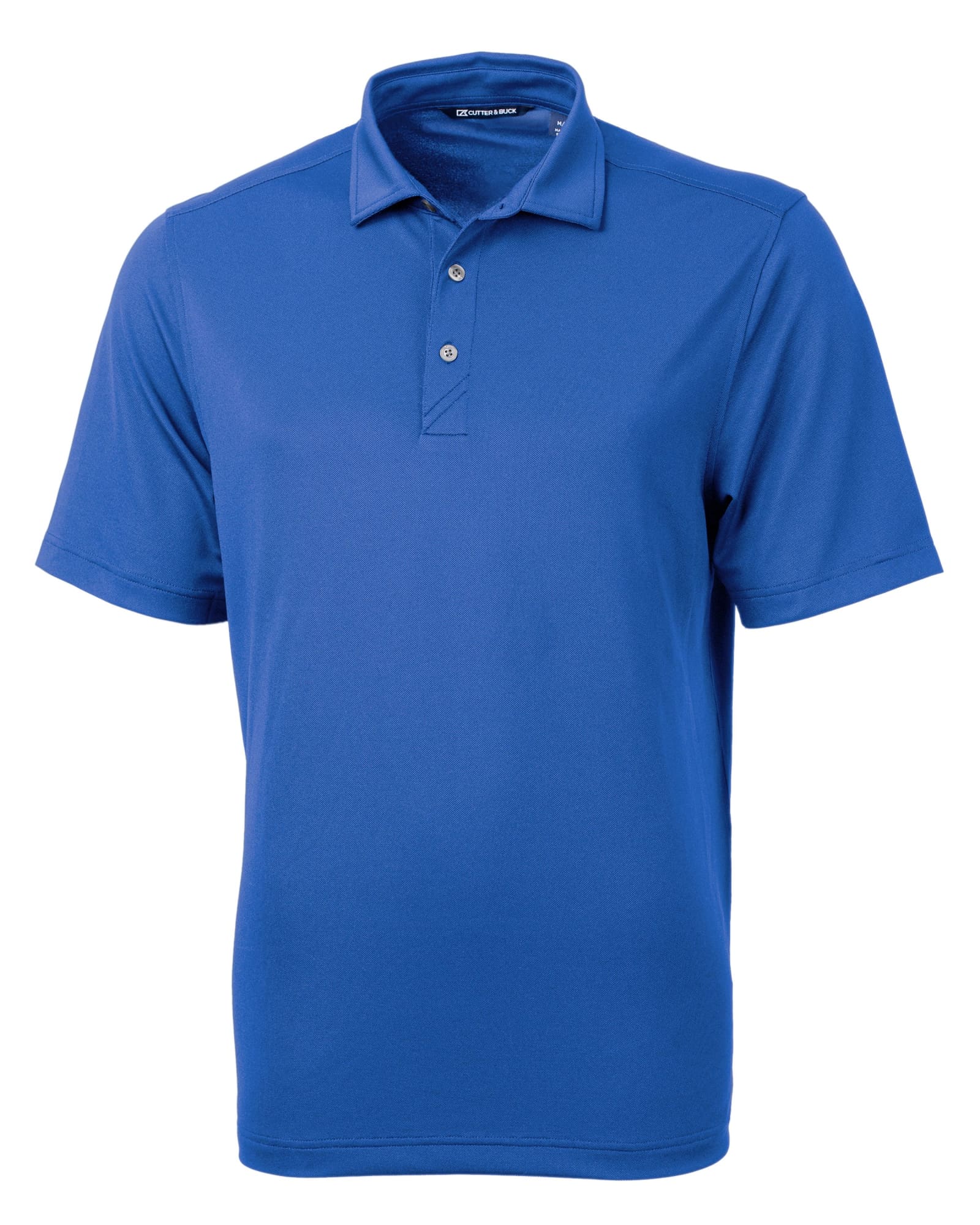 A blue men's eco pique polo shirt with a collar and three-button placket, featuring a logo.