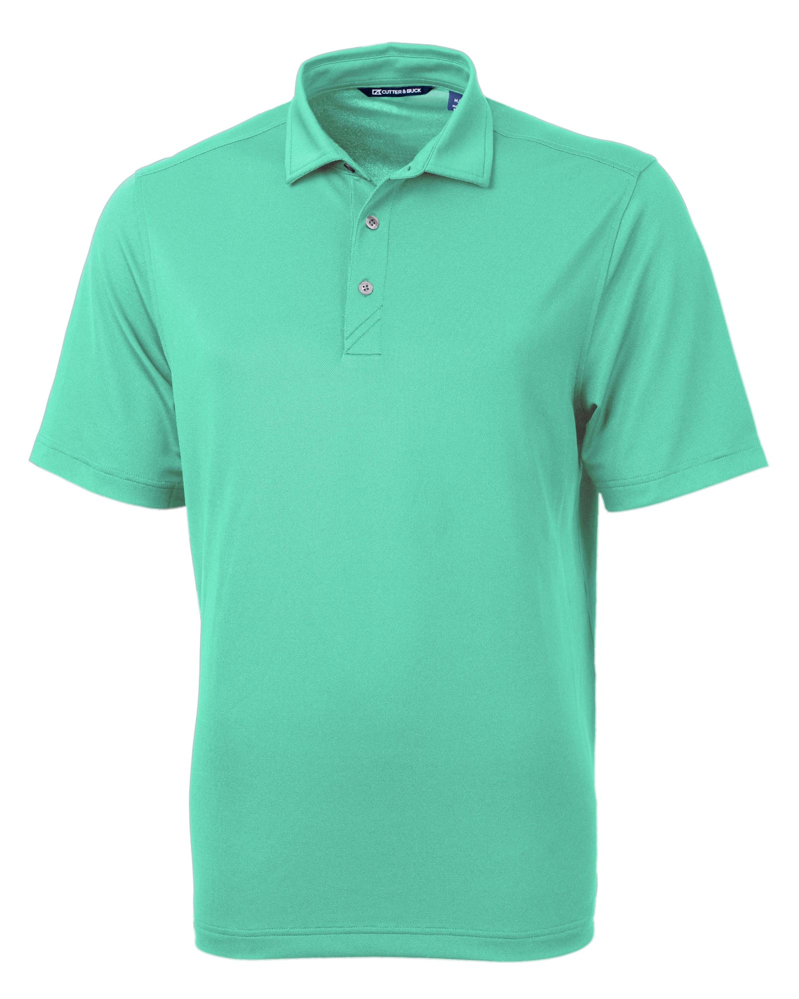 A green men's polo shirt featuring a collar and three buttons, with a logo on the chest.