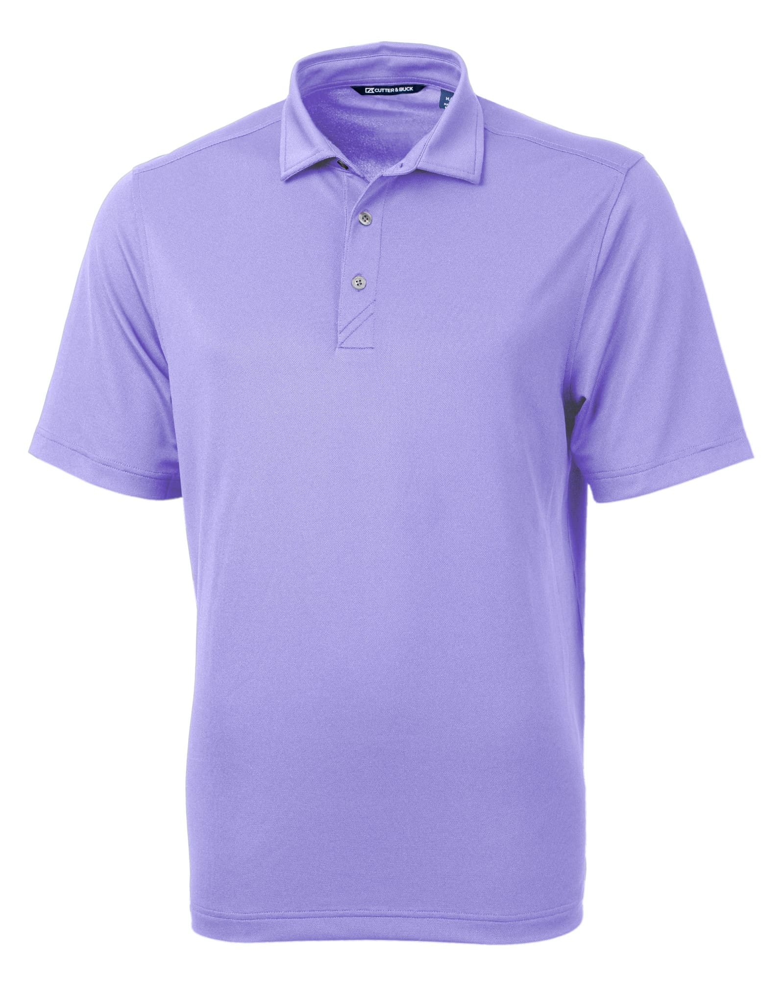 A lilac eco-friendly polo shirt featuring a collar and three buttons, with a logo on the chest.