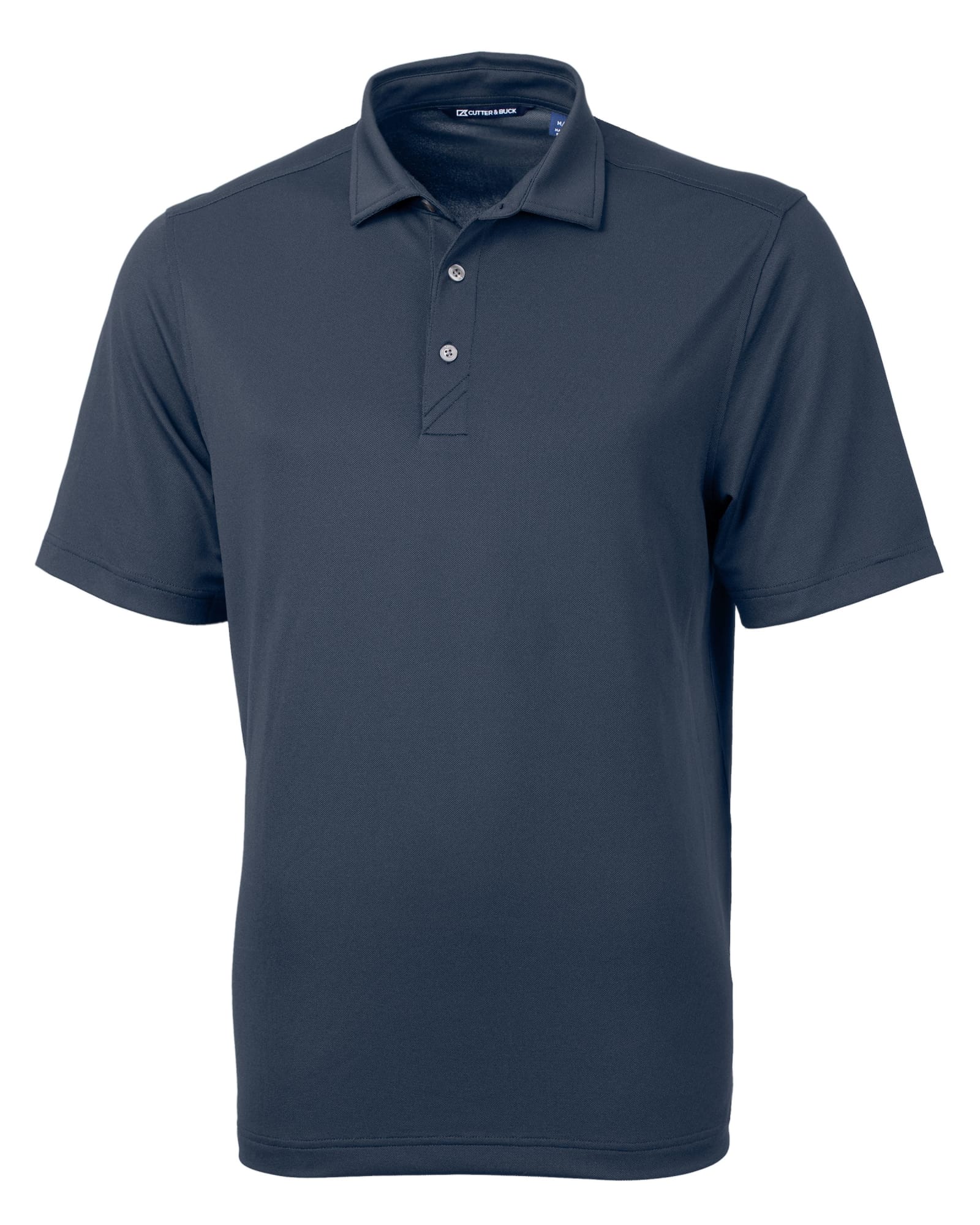 A navy blue men's polo shirt with a collar, short sleeves, and a logo on the chest.
