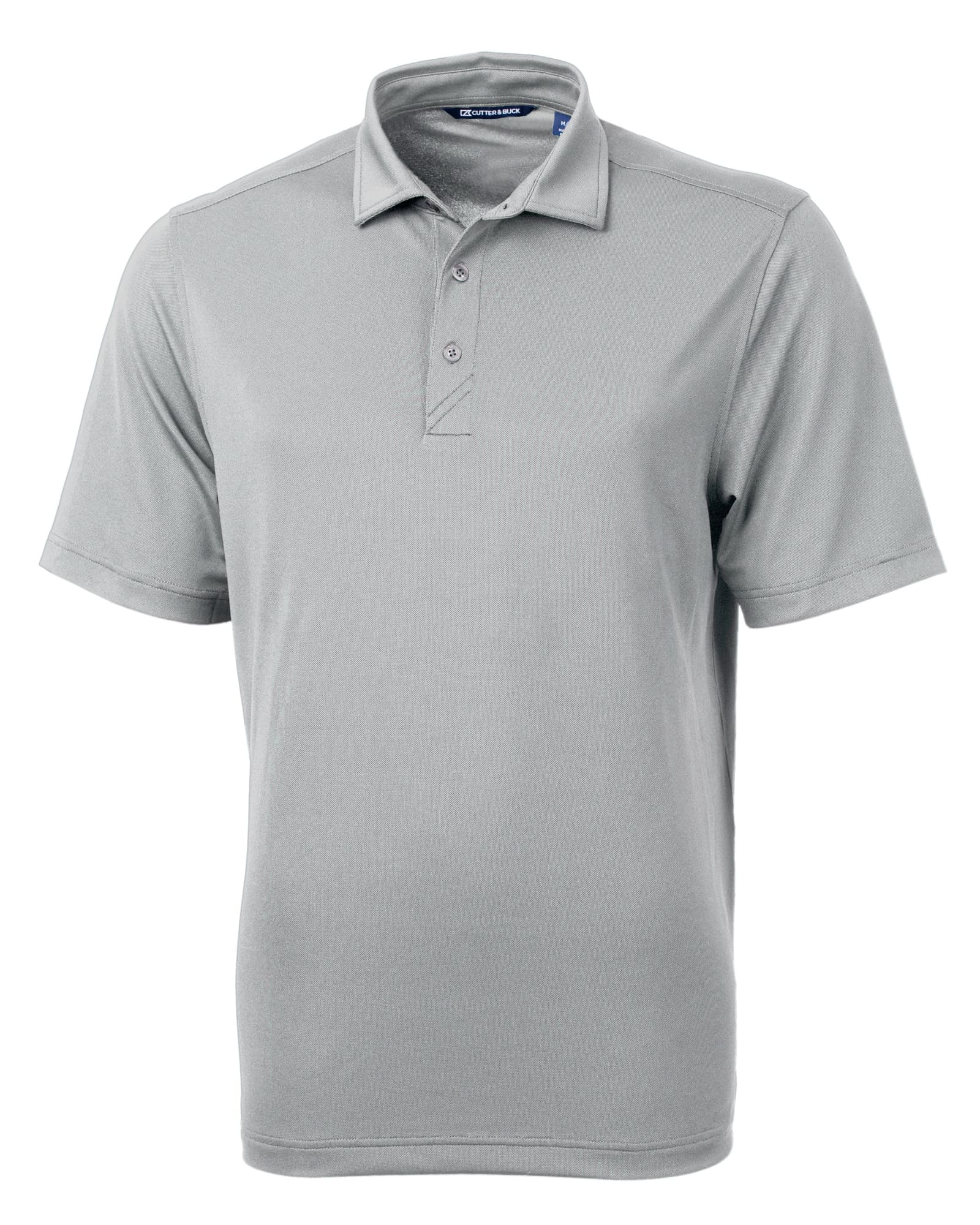 A grey men's polo shirt with a three-button placket and a logo on the chest.