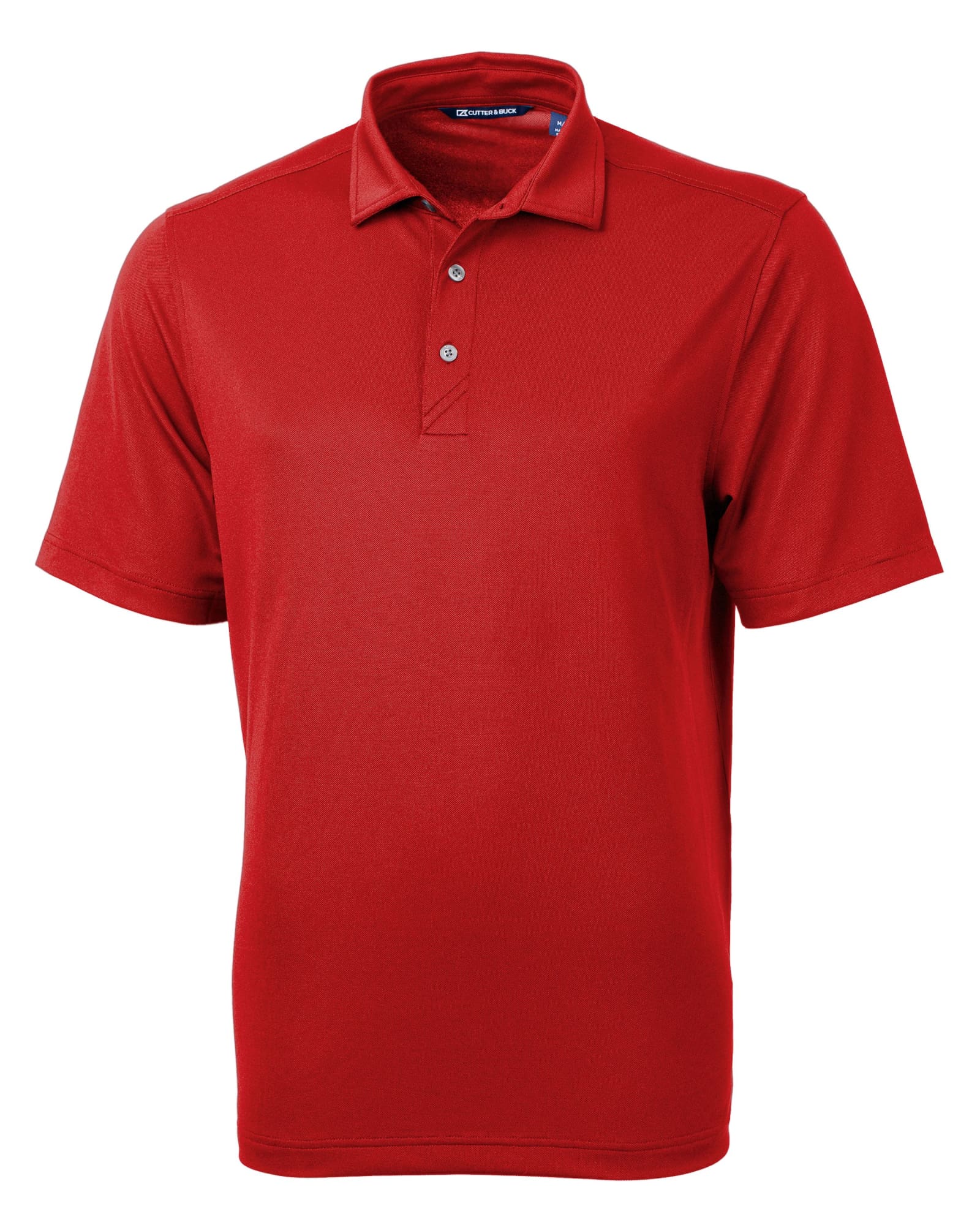 A red men's polo shirt with a collar and three buttons, featuring a logo on the chest.