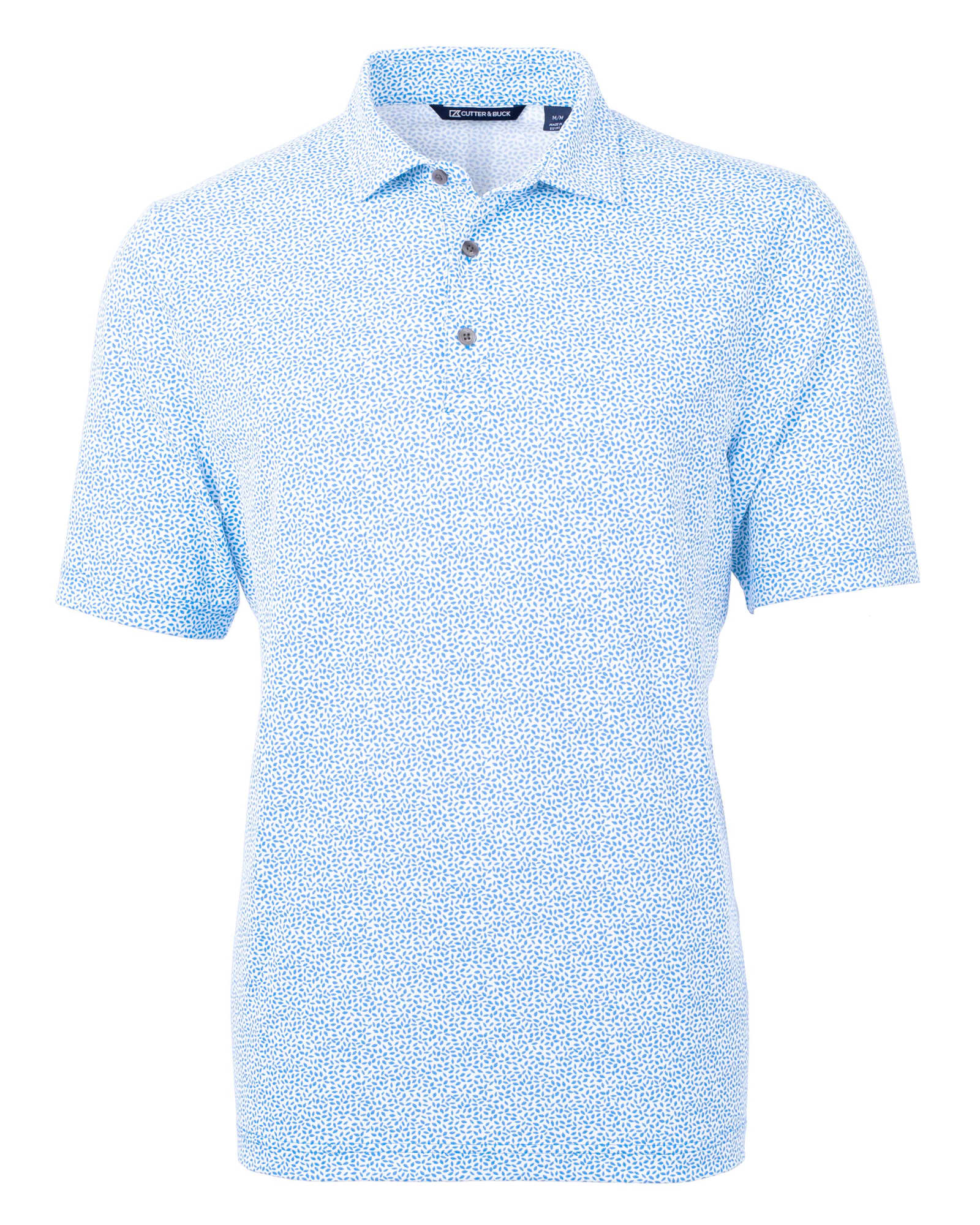 A blue botanical print polo shirt featuring a collar and three buttons, designed for men's wear.