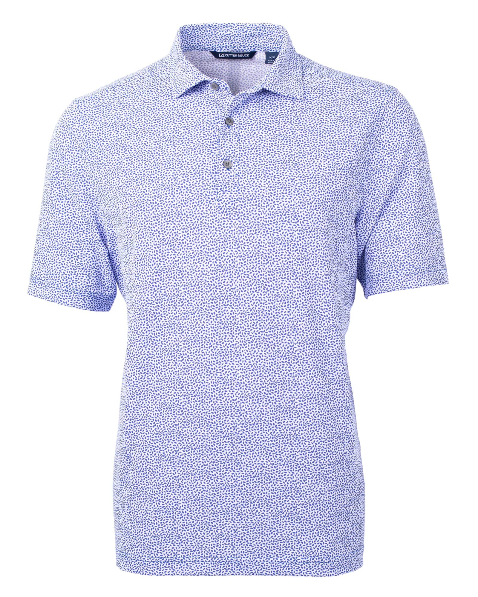 A short-sleeved, men's polo shirt in blue with a botanical print and a collar. Features a logo on the chest.