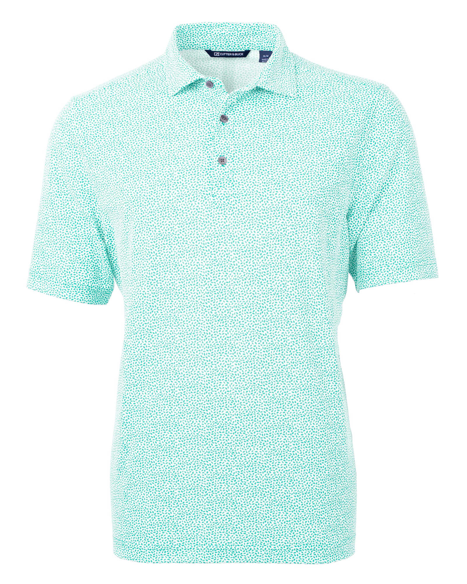 A mint green polo shirt featuring a botanical print and a logo on the chest. Short sleeves and two buttons at the collar.