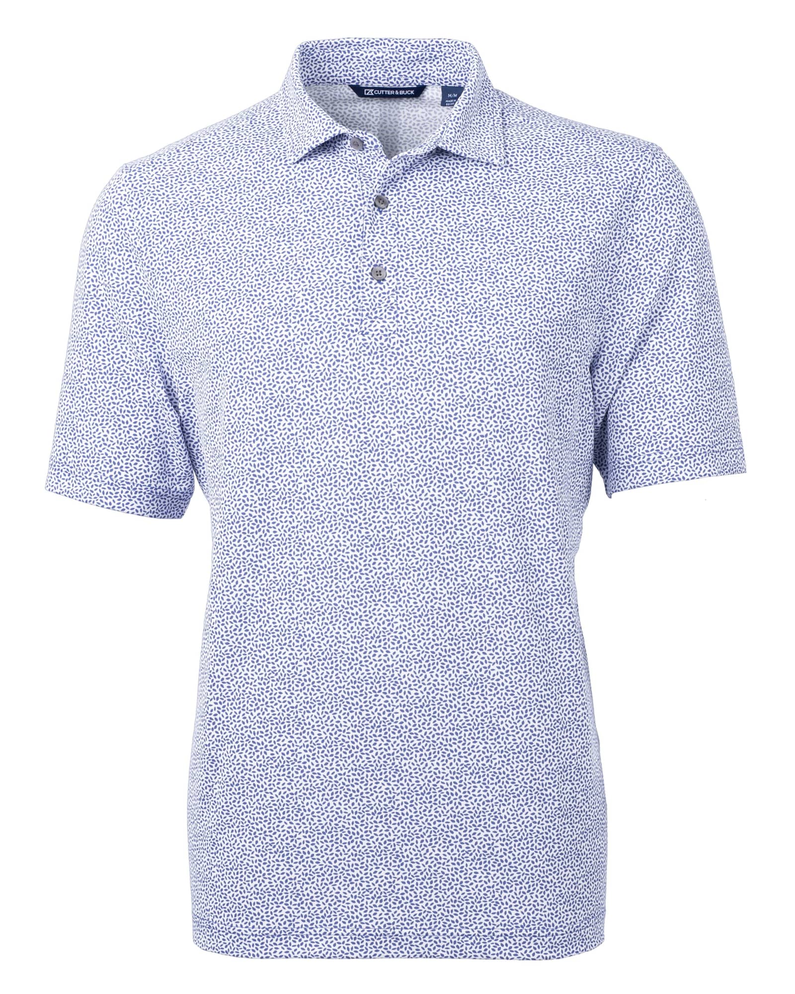 A men's short-sleeve polo shirt in light blue with a botanical print and a collar. Features a logo on the chest.