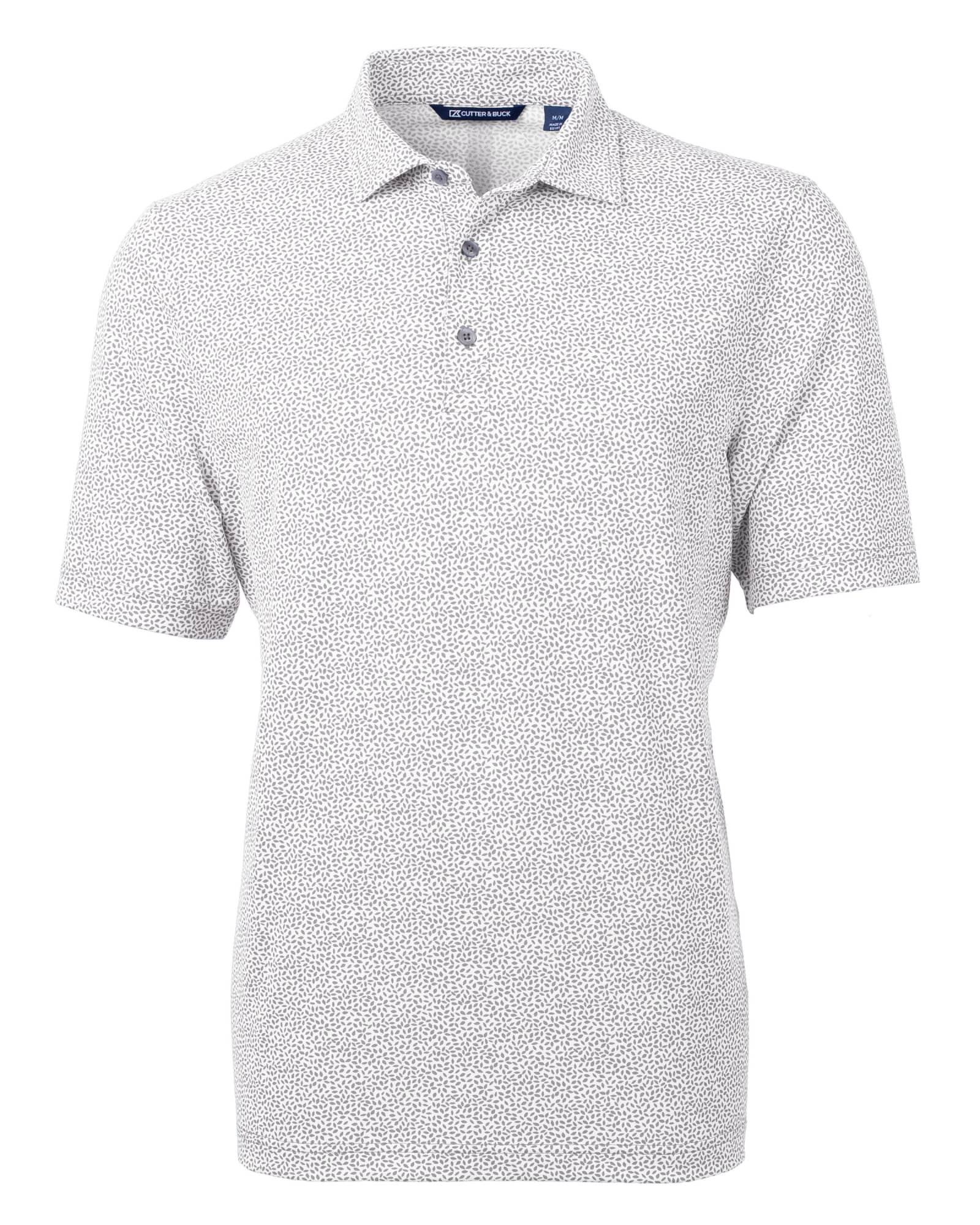 Men's eco pique polo shirt in white with a botanical print, featuring a collar and three-button placket.