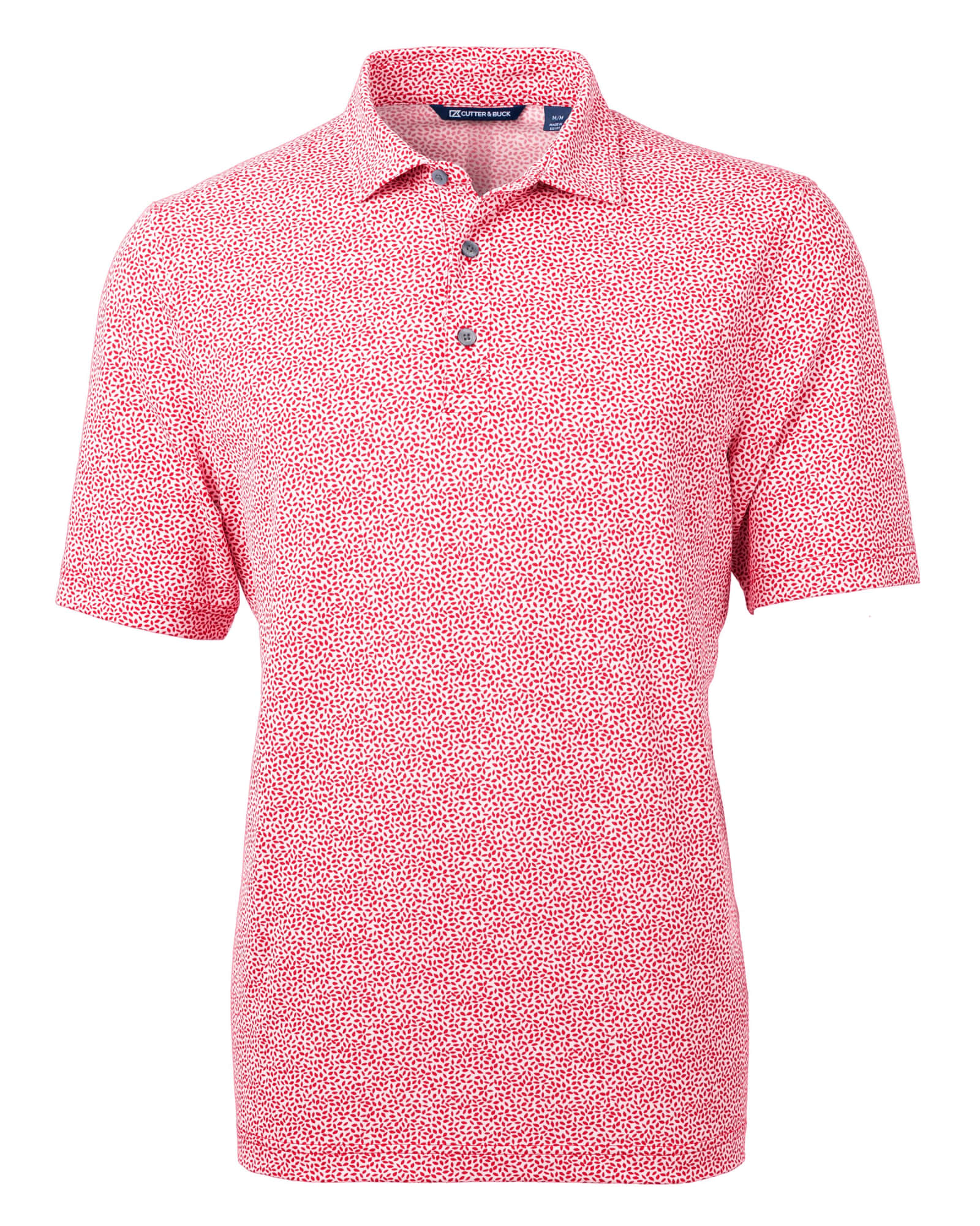 A red botanical print polo shirt with a collar and short sleeves. It features a logo on the chest.