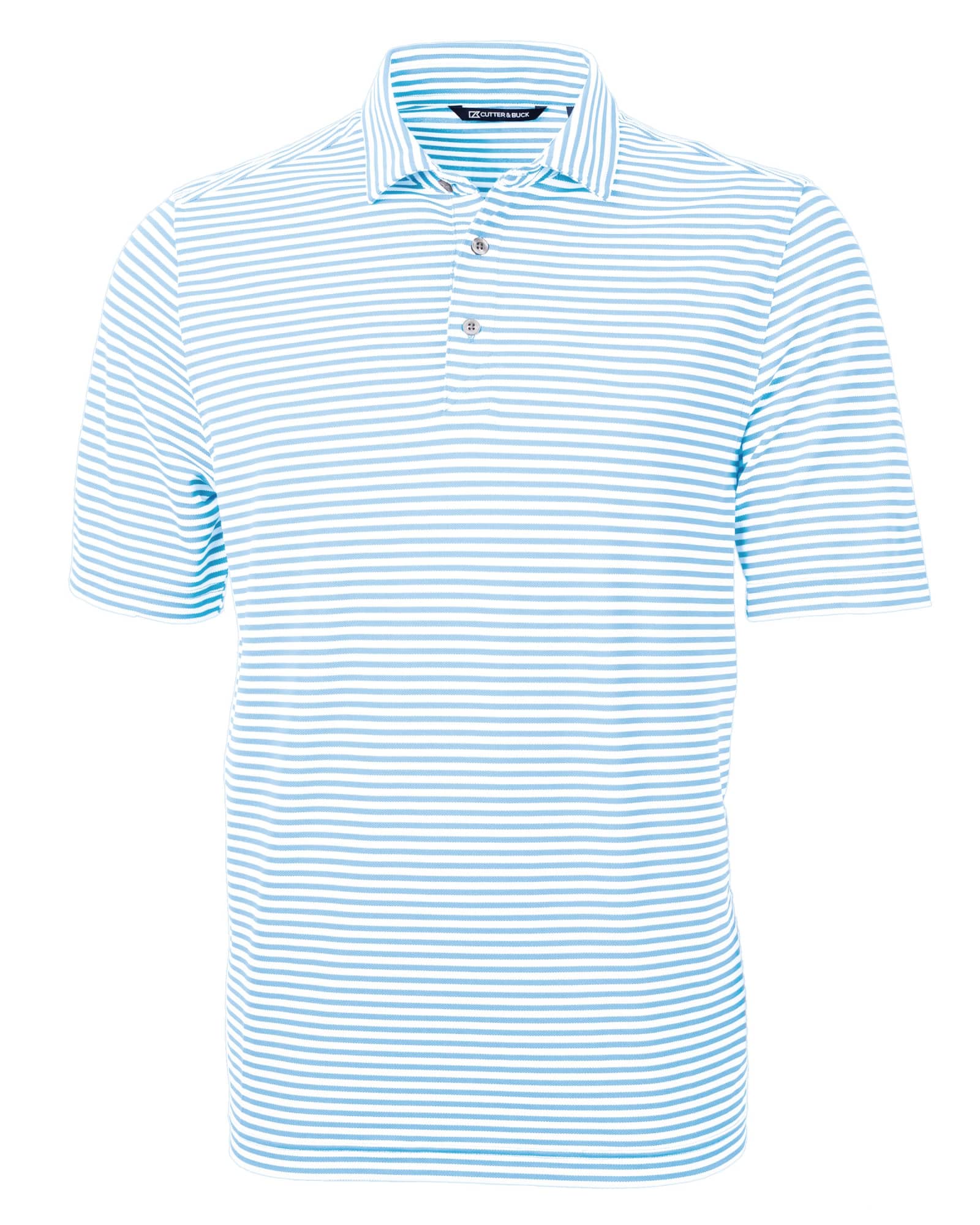 A striped polo shirt in light blue and white, featuring a collar and a logo. Short sleeves and a buttoned placket.