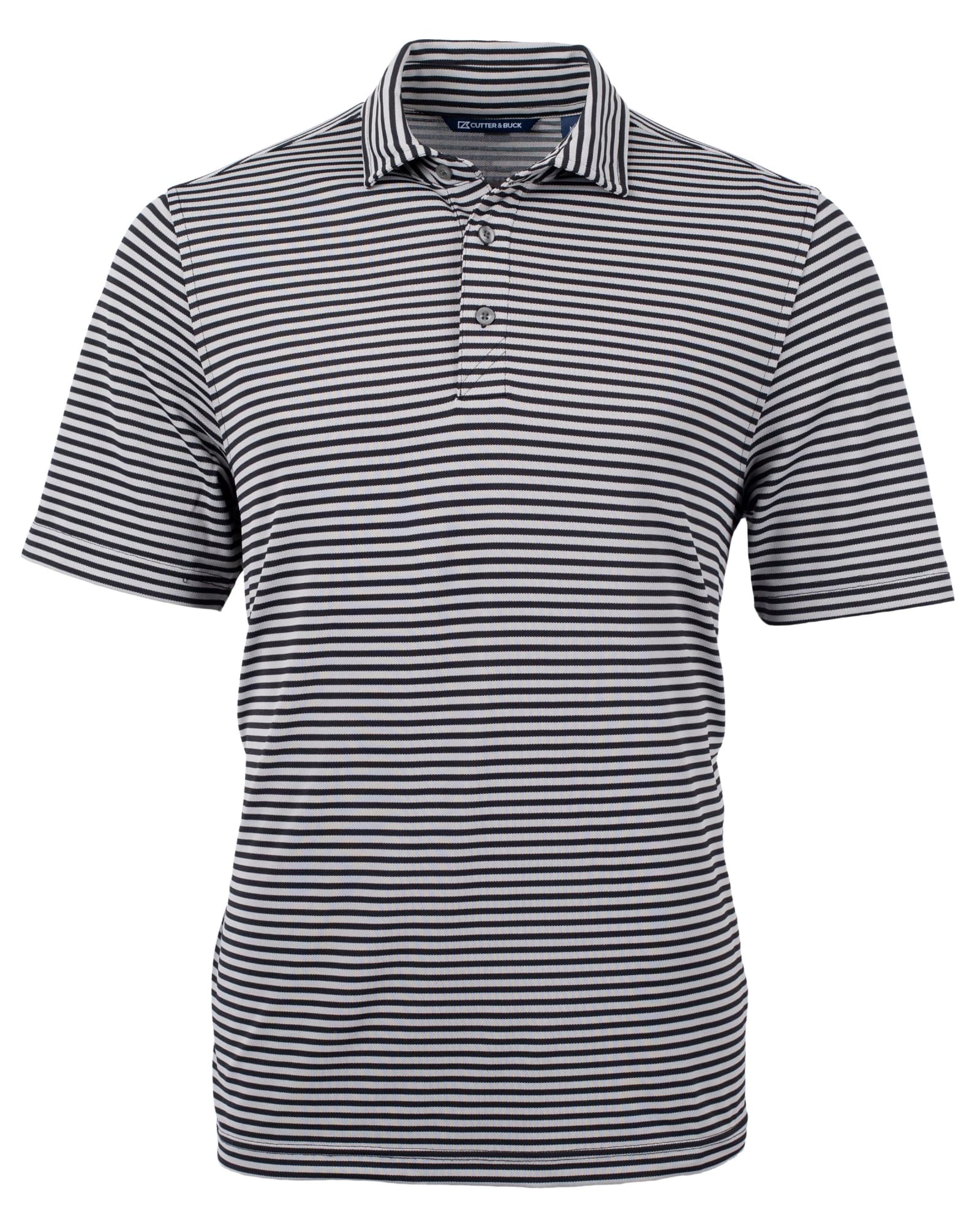 A striped men's polo shirt in navy and white with a collar and a logo on the chest.