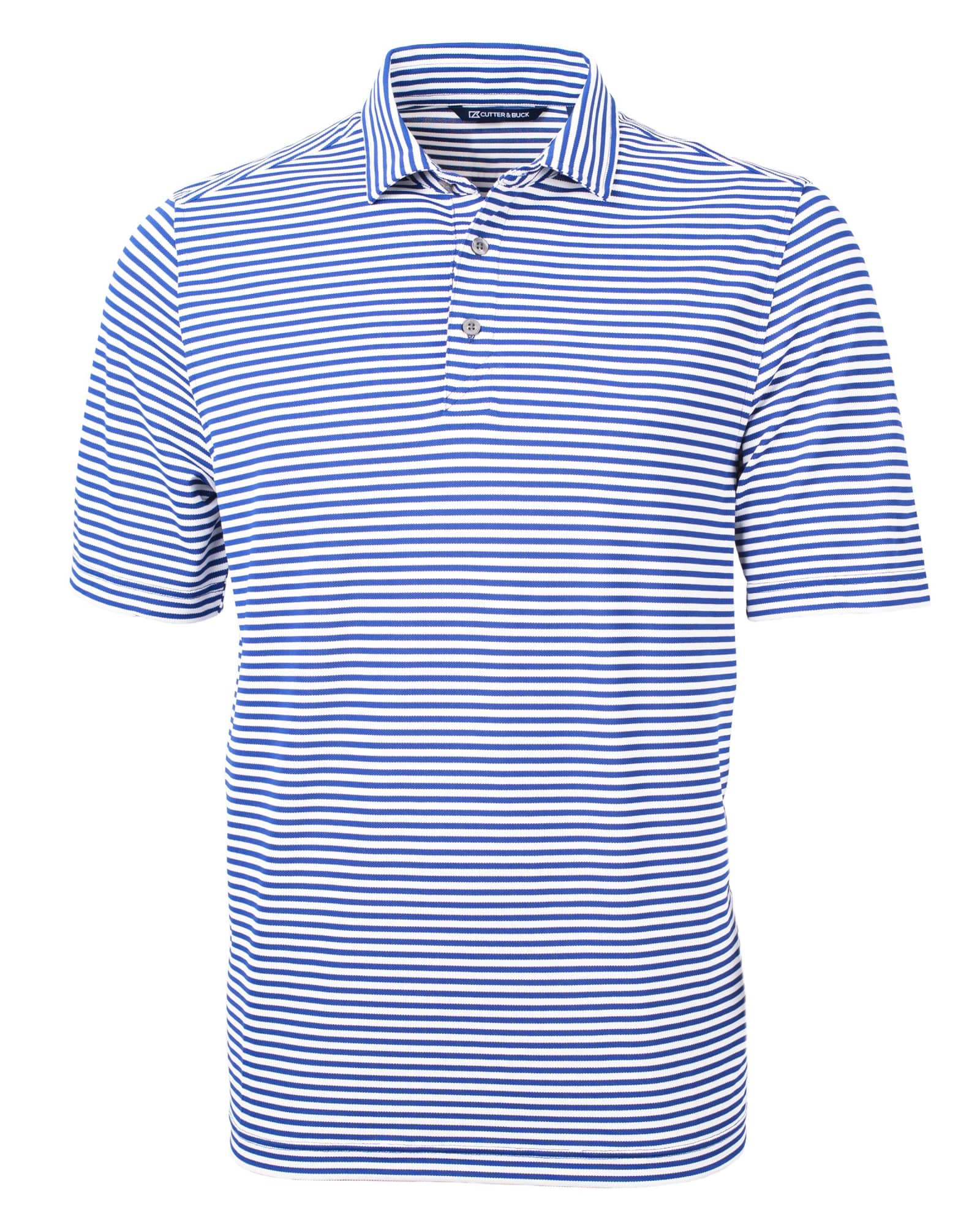 A blue and white striped polo shirt with a collar, featuring a logo on the chest.