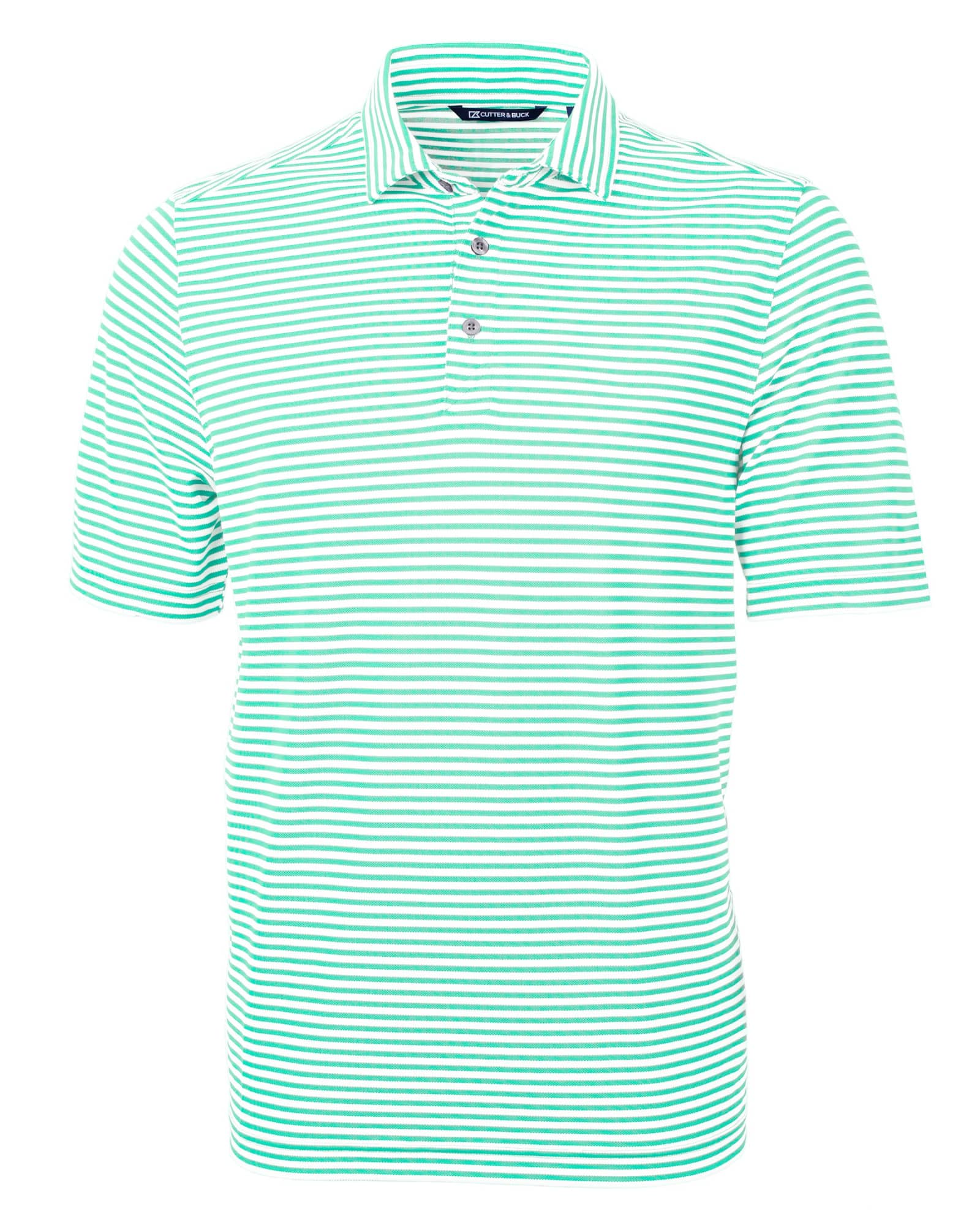 A striped polo shirt in green and white with a collar and three buttons. It features a logo.