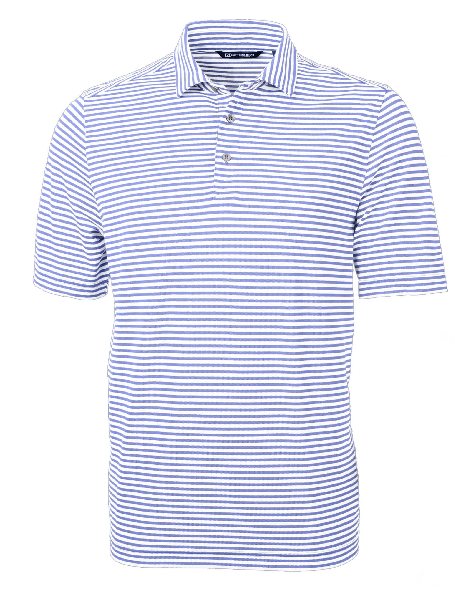 A striped polo shirt in white and blue, featuring a classic collar and three-button placket, with a logo.