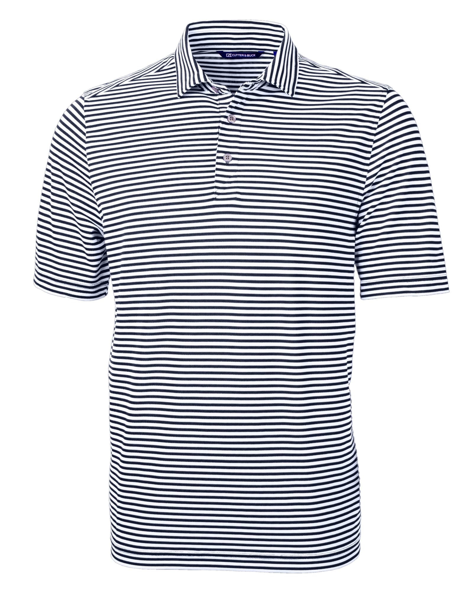 A striped navy and white polo shirt featuring a collar and a three-button placket, with a logo on the chest.