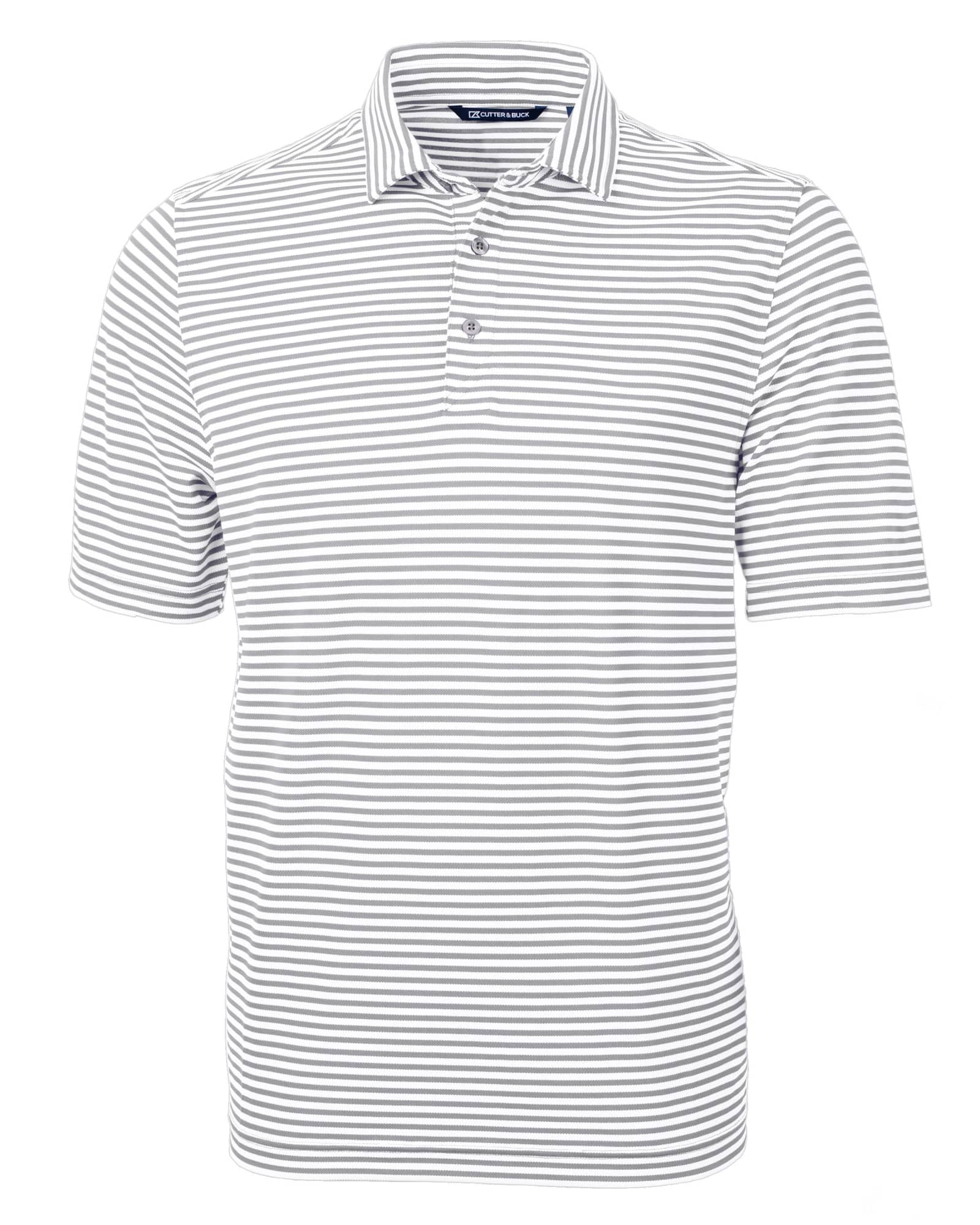 A Men's Virtue Eco Pique Stripe Polo in grey and white stripes, featuring a collar and buttons, with a logo.